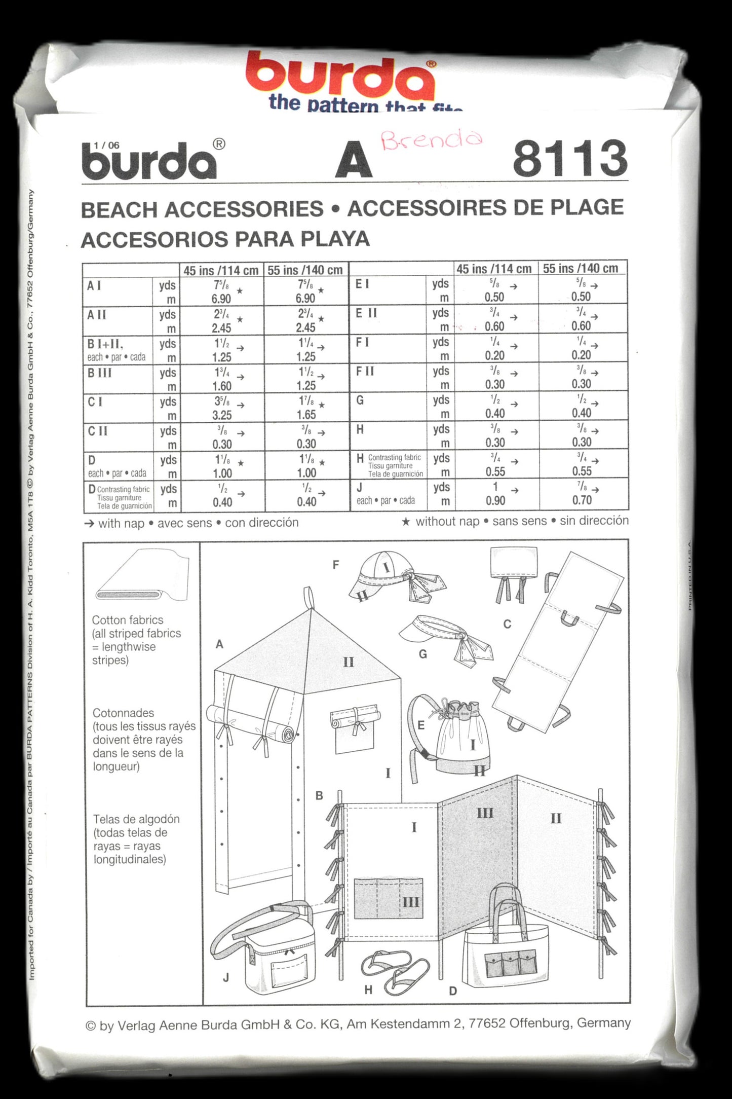 Burda 8113 Beach Accessories Sewing Pattern UNCUT  Beach Tent ,Beach Bag Wind Screen Visor, Cap, Beach Mat ,Picnic bag