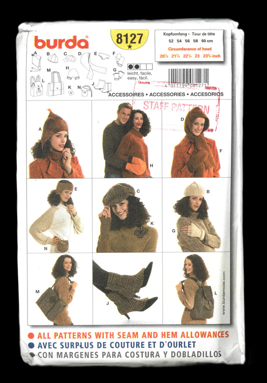 Burda 8127 Accessories Unisex Hats, Mitts, Scarves, Boot covers, Shoulder bags & Backpack Sewing Pattern - UNCUT