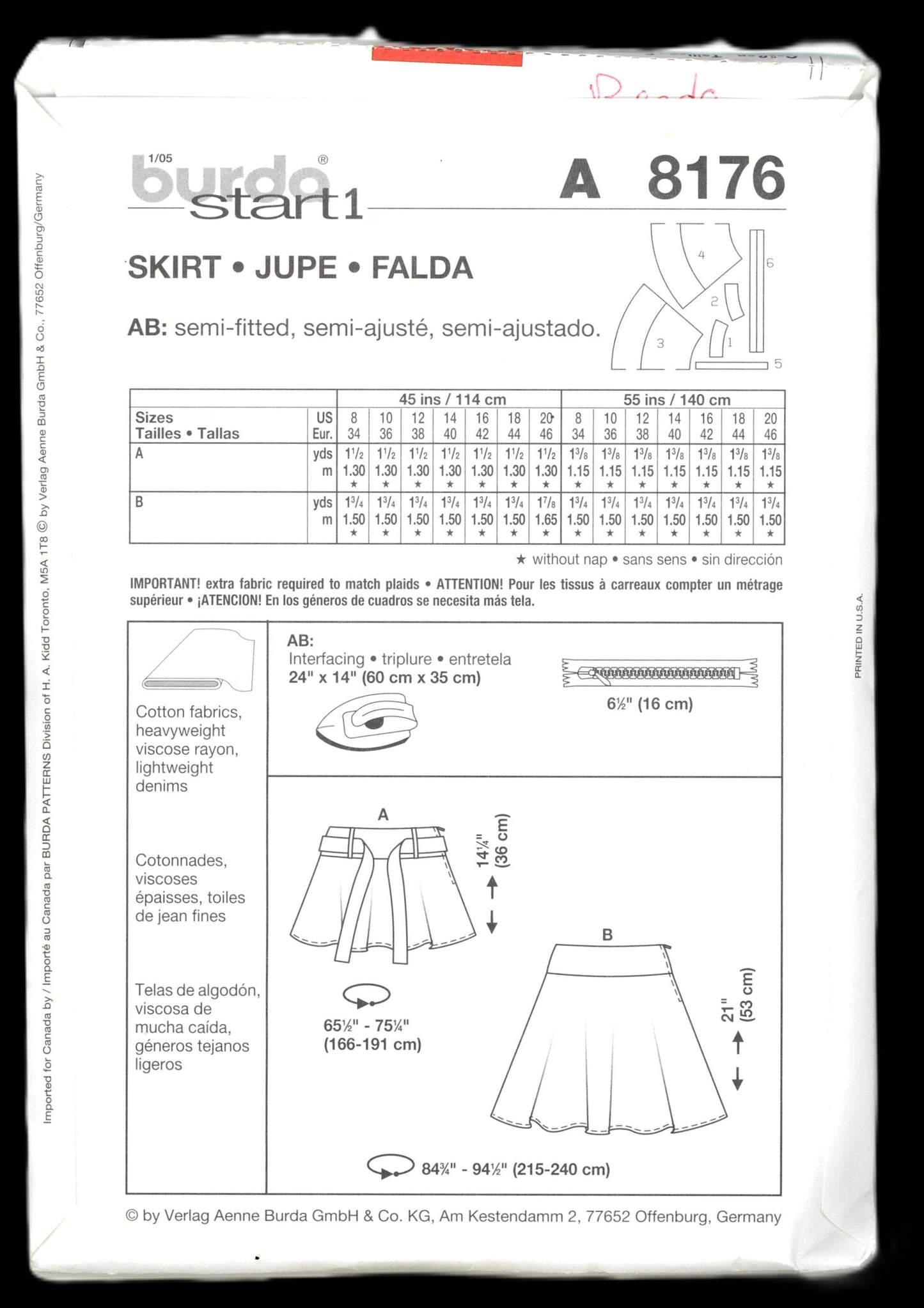 Burda Young 8176 Skirt Sewing Pattern - UNCUT - Size 8 10 12 14 16 18 20