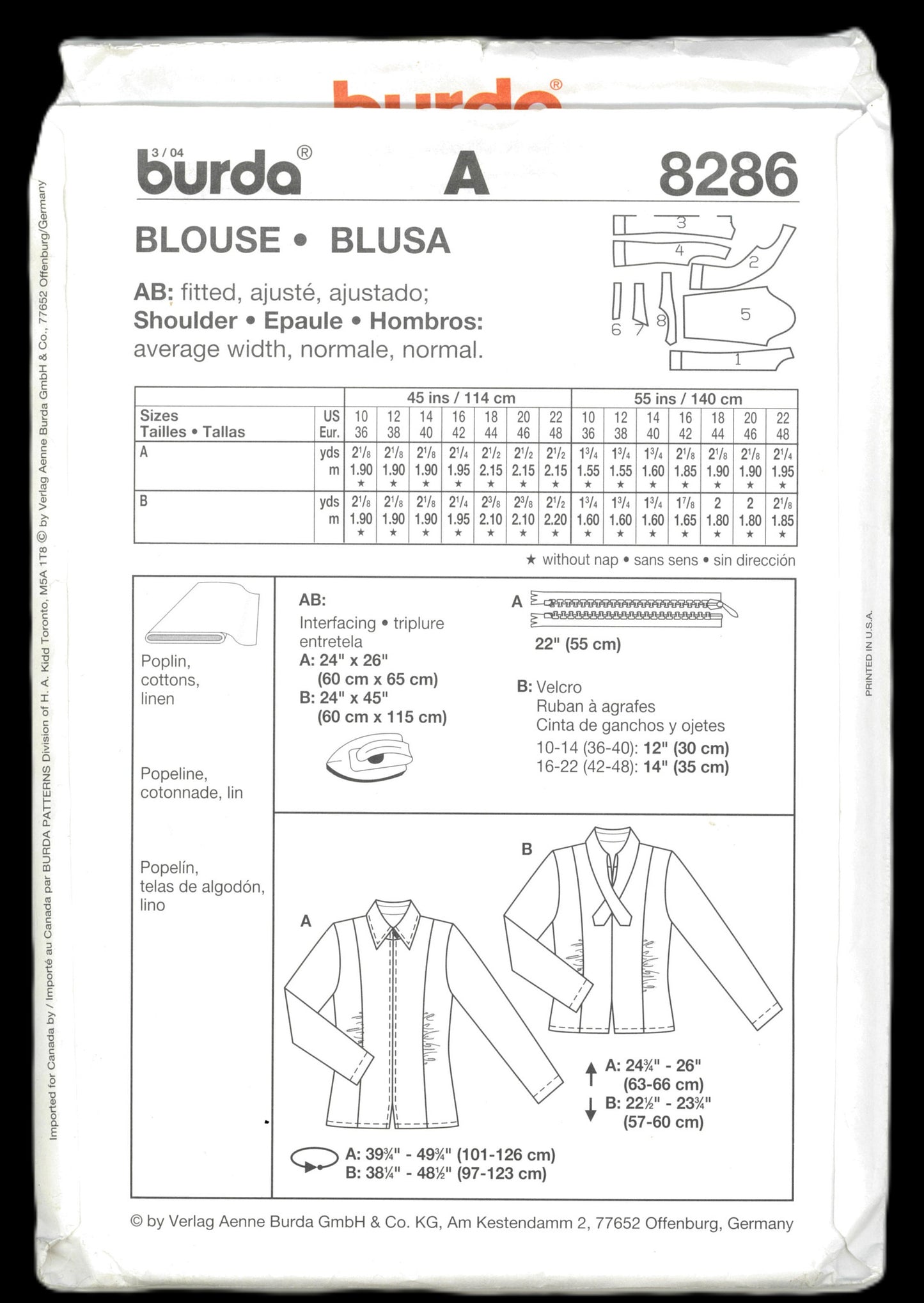 Burda 8286 Blouse Sewing Pattern - UNCUT - Size 10 12 14 16 18 20 22