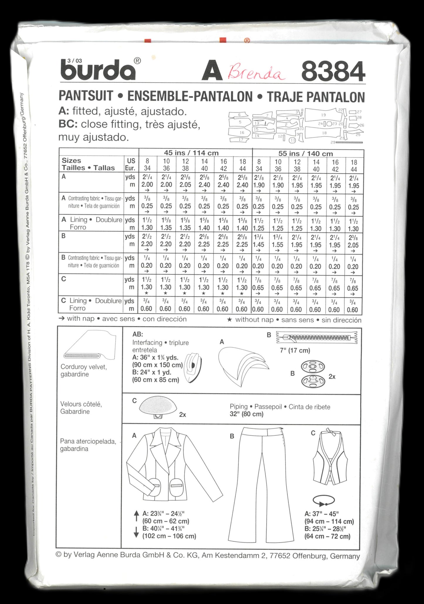 Burda Young 8384 Pantsuit Sewing Pattern - UNCUT - Size 8 10 12 14 16 18