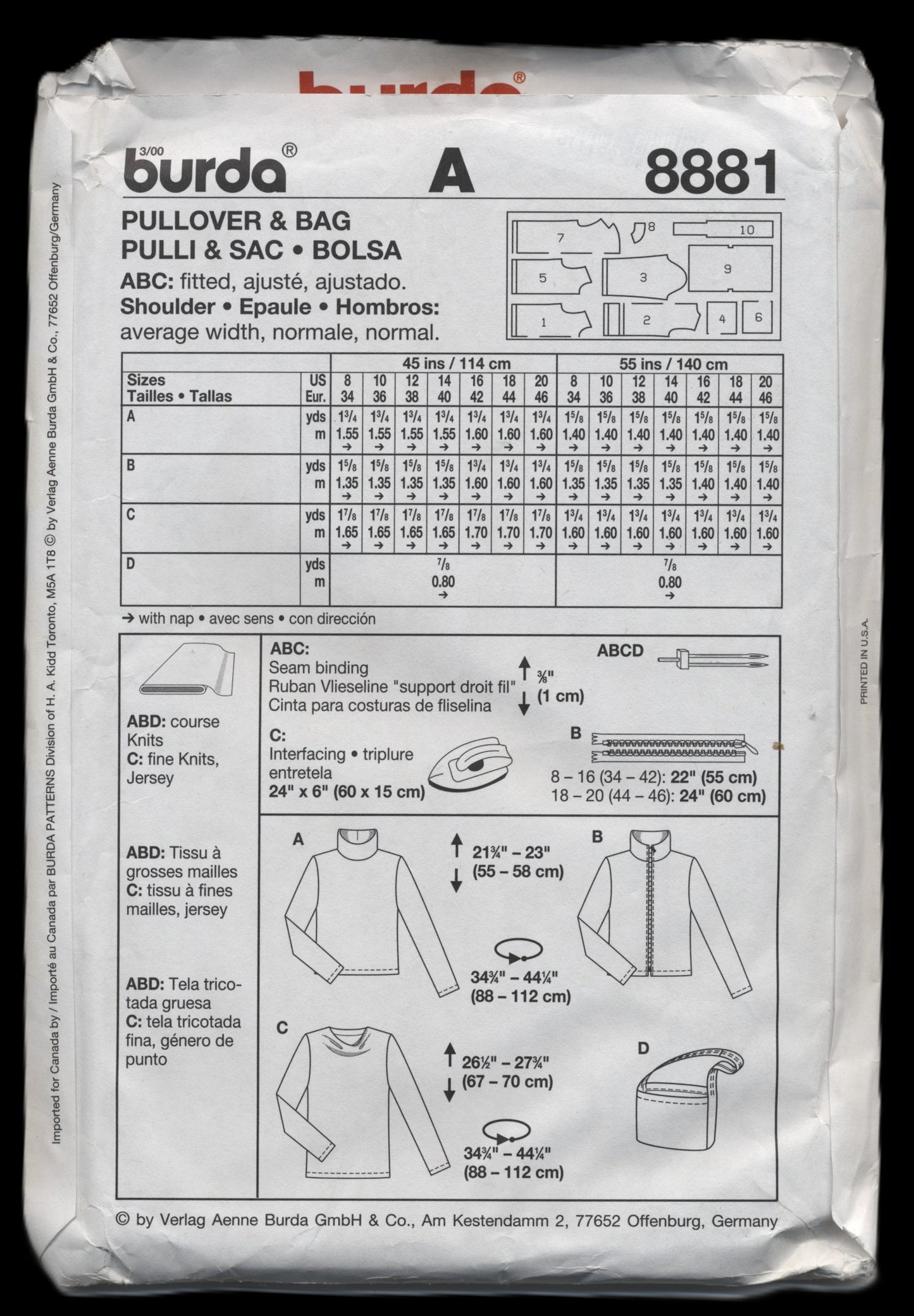 Burda 8881 Misses Pullover, Jacket and Bag Sewing Pattern - UNCUT - Size 8 10 12 14 16 18 20 22