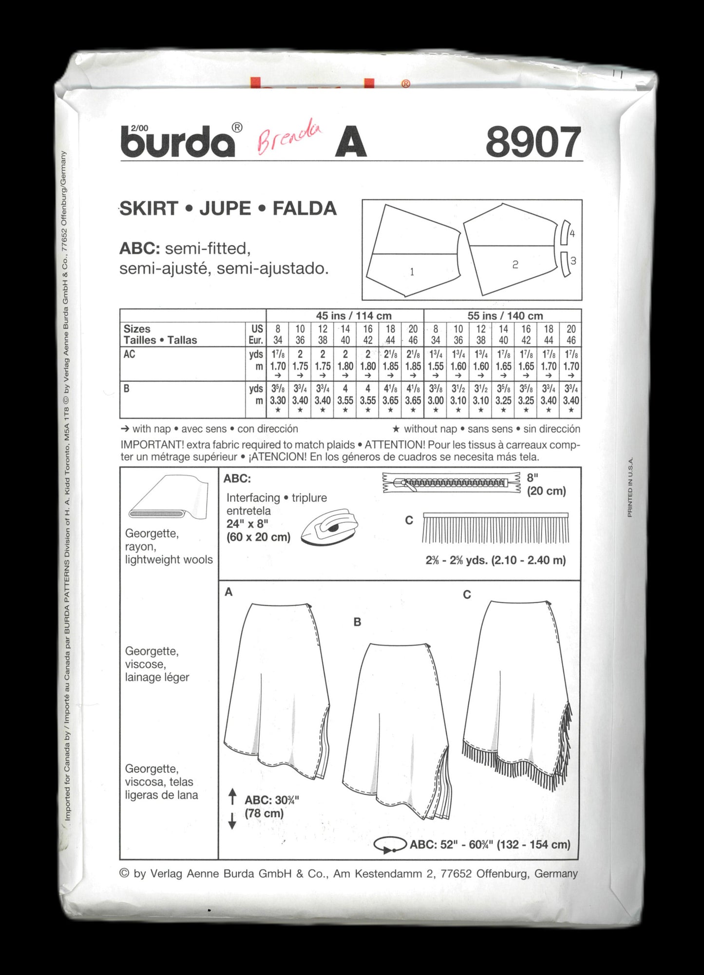 Burda 8907 Misses Skirt Sewing Pattern - UNCUT - Size 8 10 12 14 16 18 20