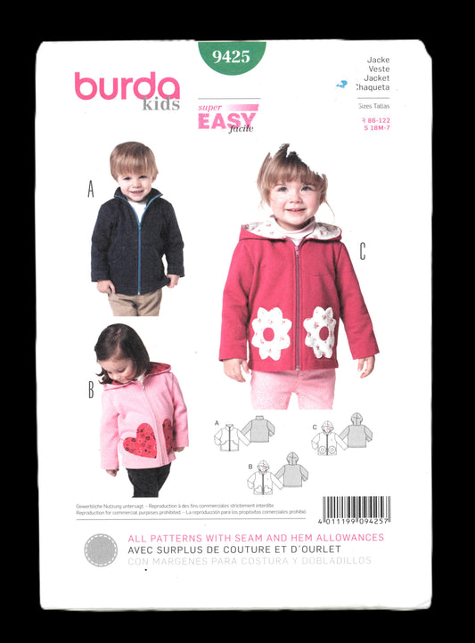 Burda 9425 Boys Girls Jacket Sewing Pattern - UNCUT - Size 18m 2 3 4 5 6 7