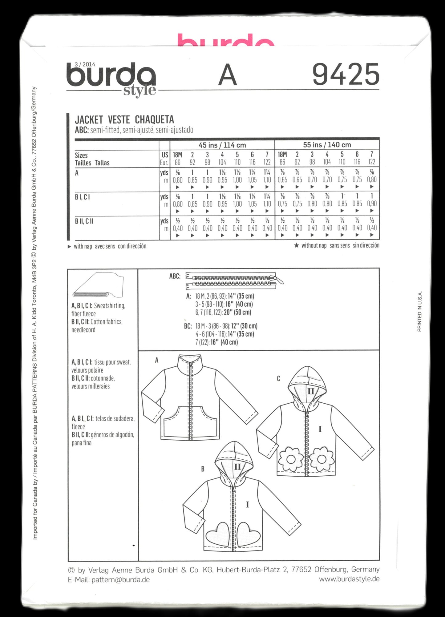 Burda 9425 Boys Girls Jacket Sewing Pattern - UNCUT - Size 18m 2 3 4 5 6 7