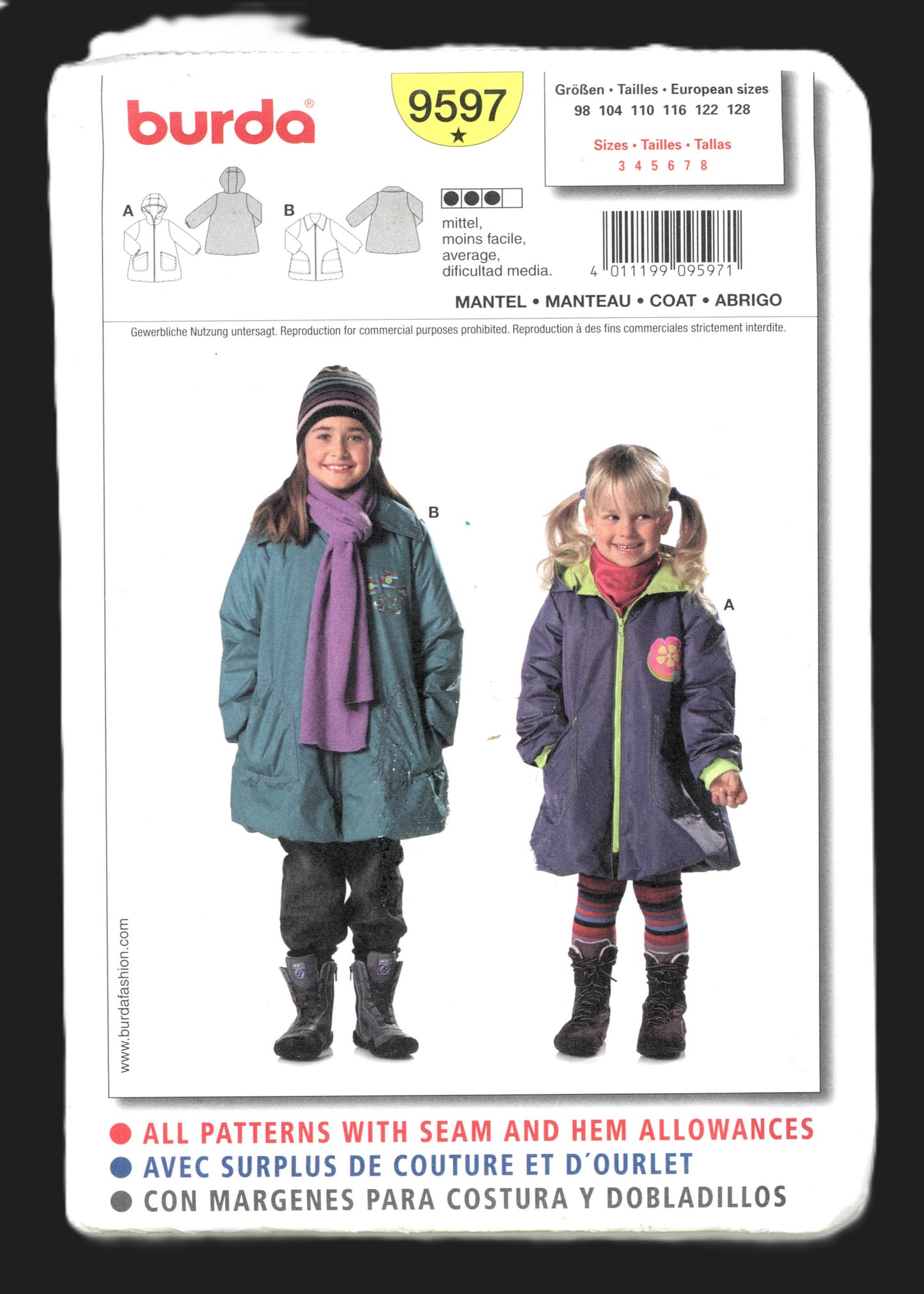 Burda 9597 Girls Coat Pattern Sewing Pattern - UNCUT Size 3 4 5 6 7 8