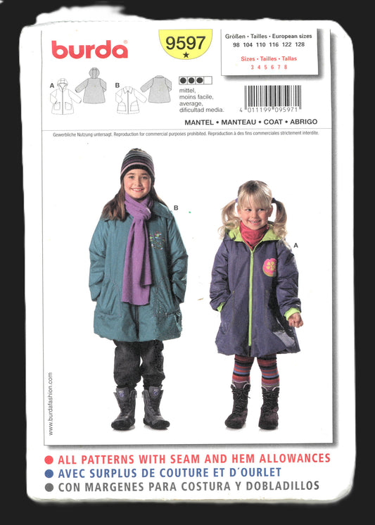 Burda 9597 Girls Coat Pattern Sewing Pattern - UNCUT Size 3 4 5 6 7 8