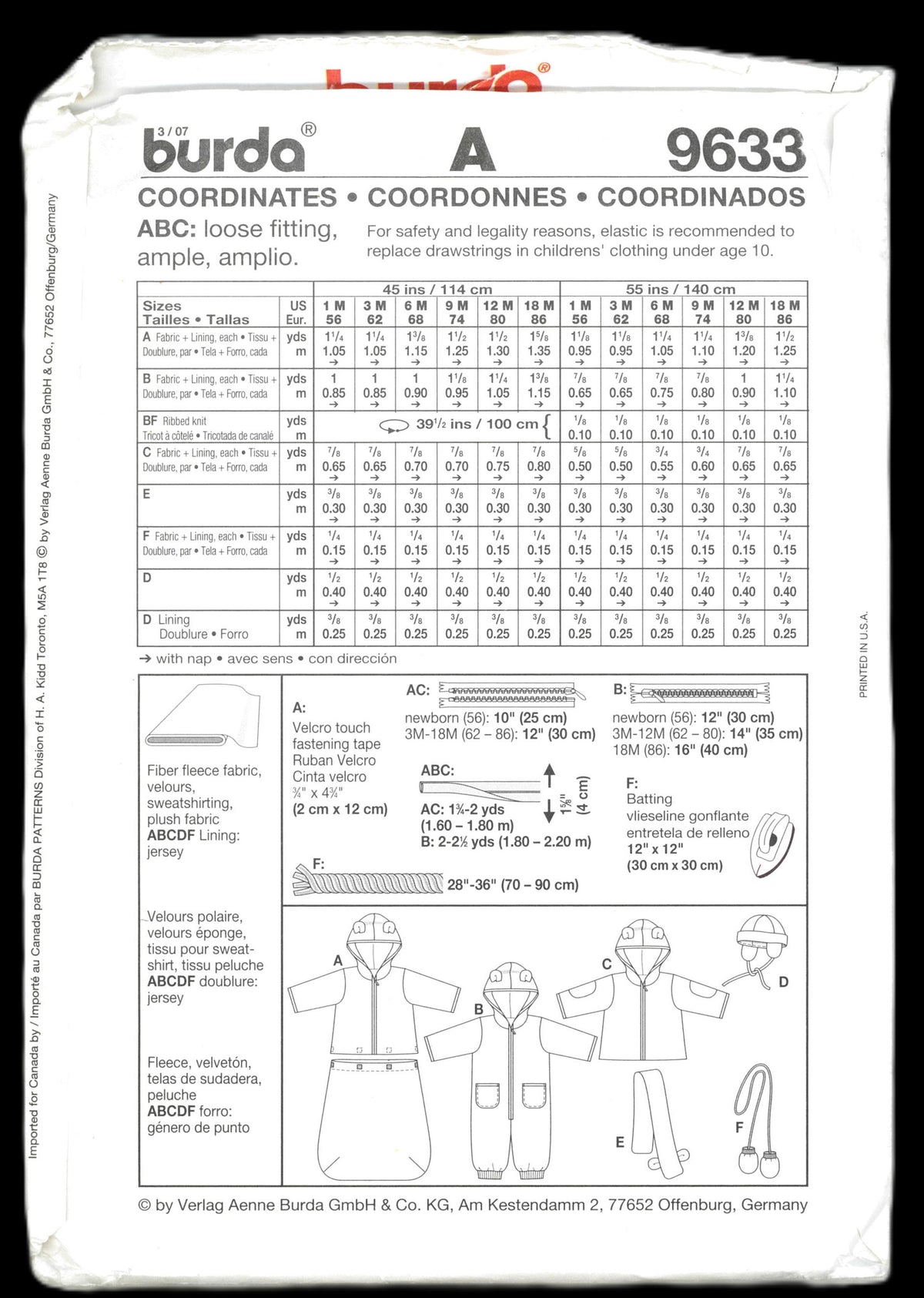 Burda 9633 Infants Bunting and Snowsuit Jacket Hat Scarf and Mitts Sewing Pattern UNCUT - Size 1M 3M 6M 9M 12M 18M