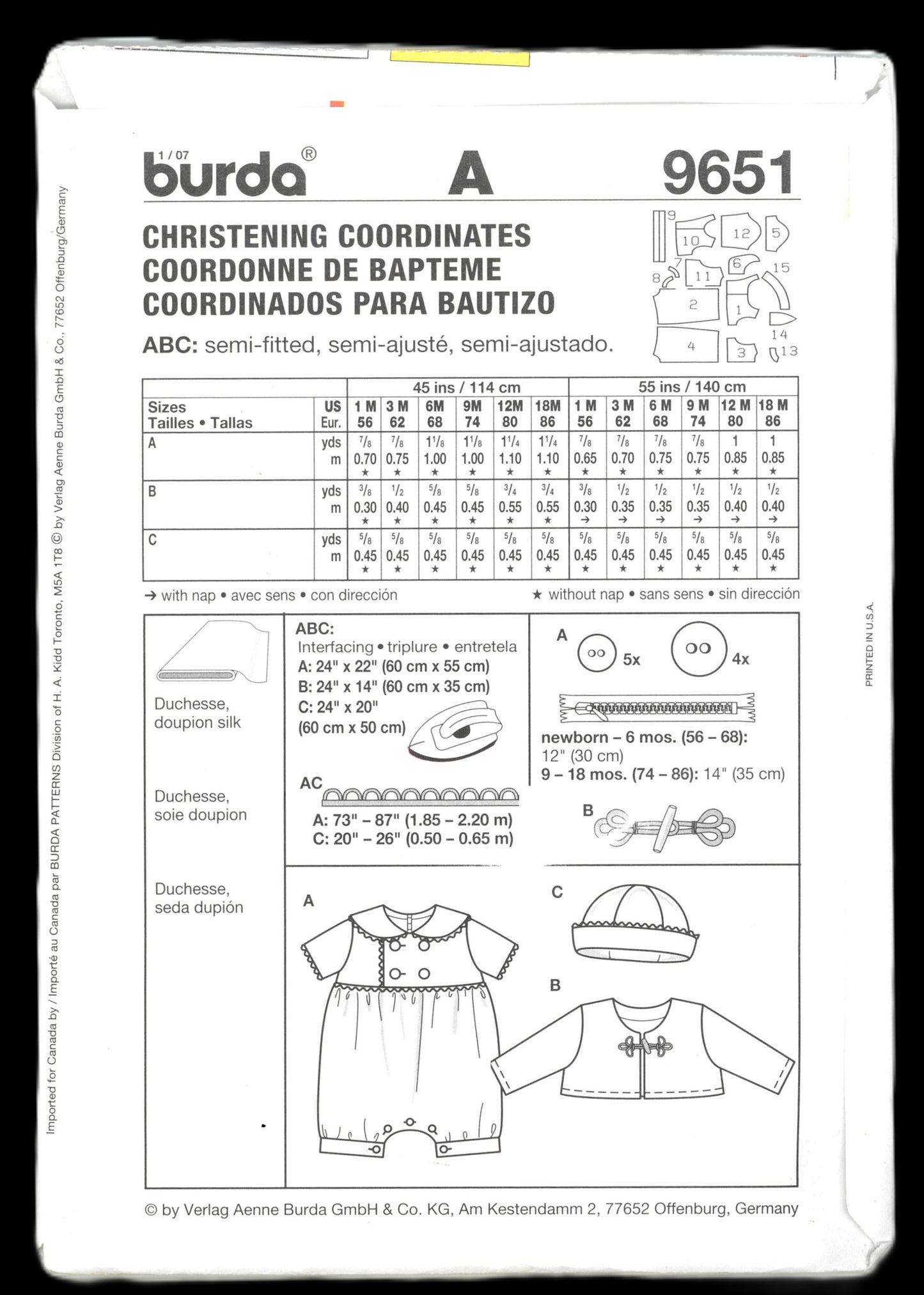 Burda 9651 Infants Christening Coordinates Sewing Pattern UNCUT Size 1M 3M 6M 9M 12M 18M
