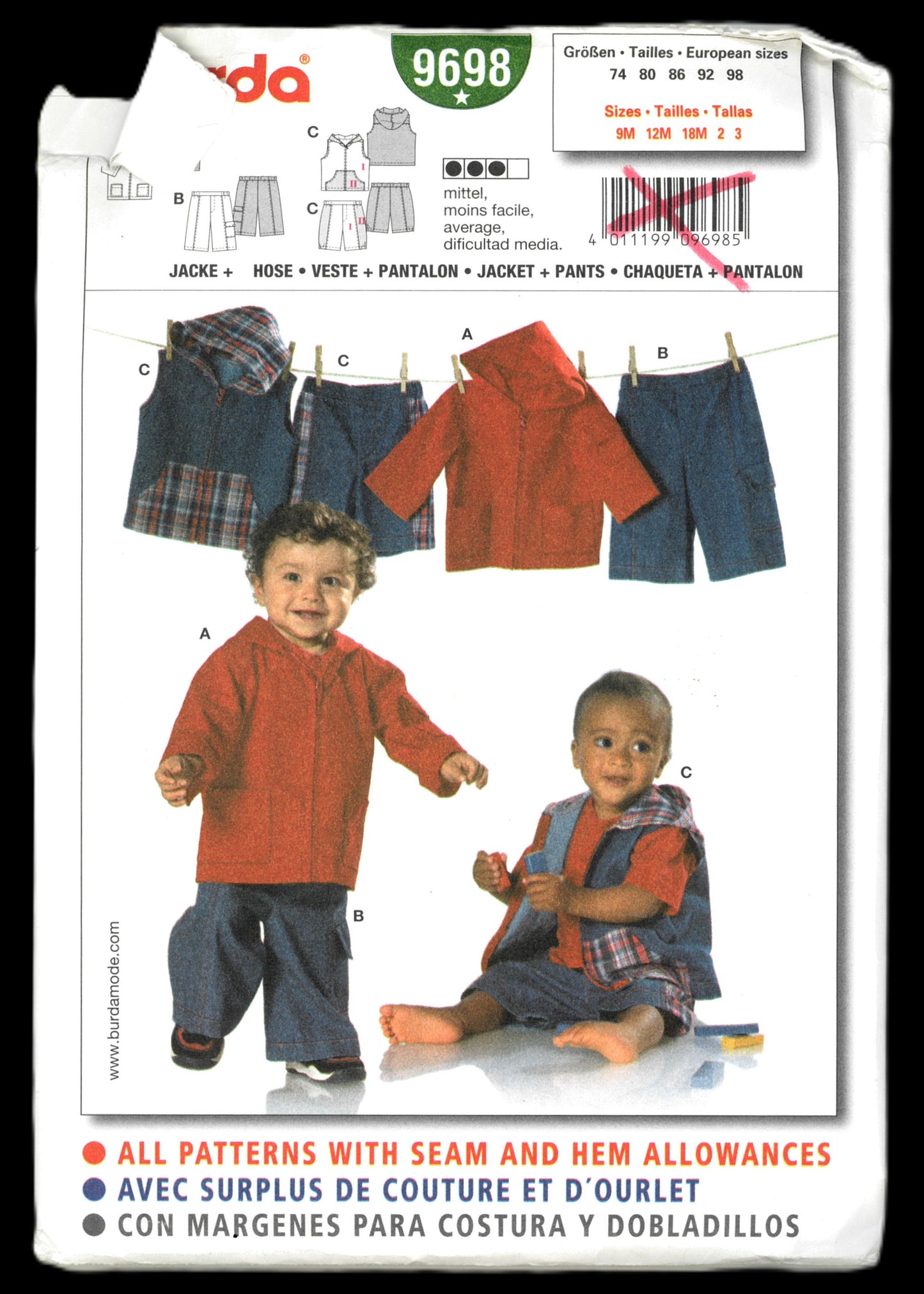 Burda 9698 Infants Boys Jacket and Pants Sewing Pattern - UNCUT - Size 9M 12M 18M 2 3