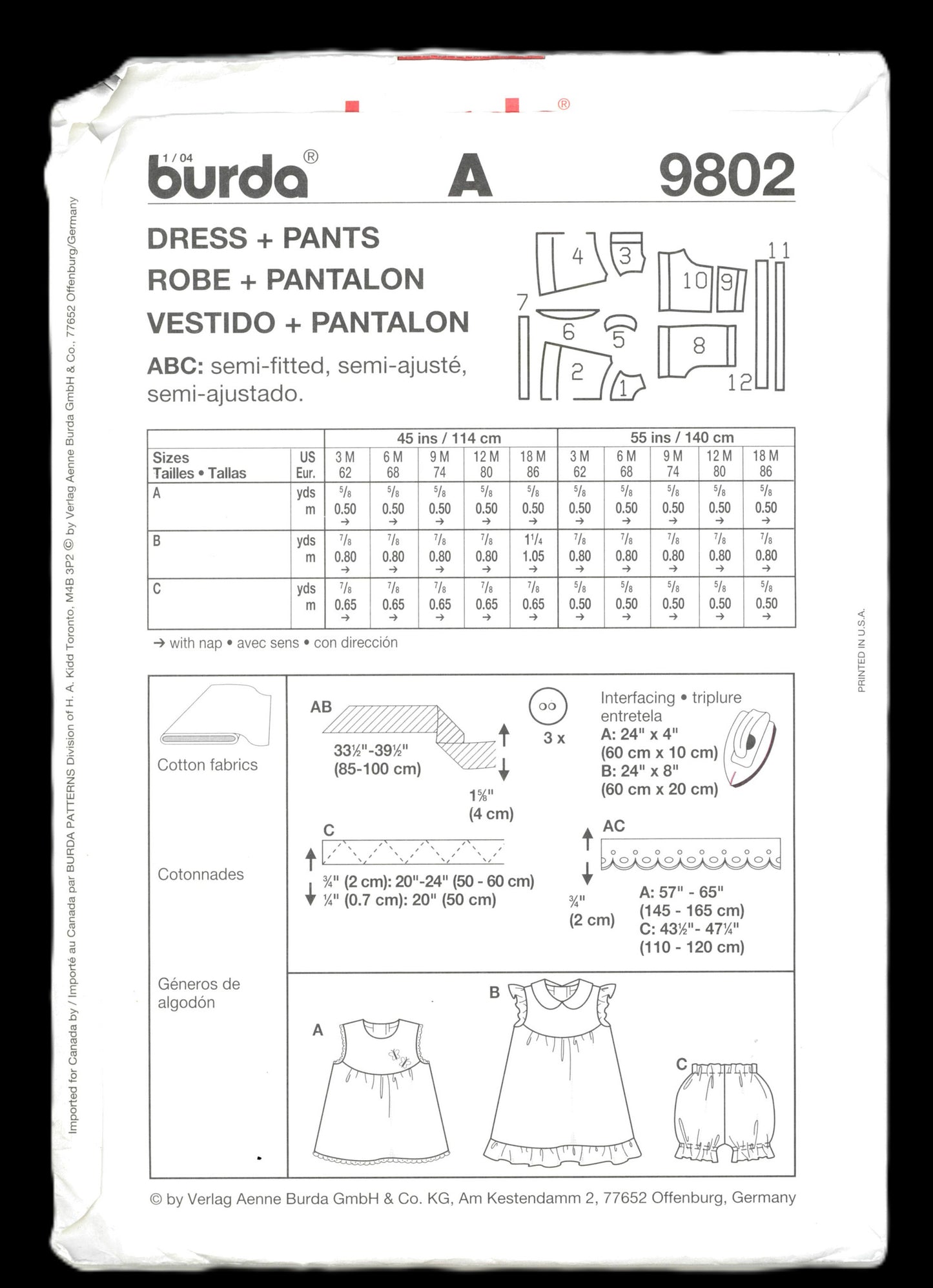 Burda 9802 Infants Girls Dress Top Panties and Hat Sewing Pattern - UNCUT - Size 3M 6M 9M 12M 18M