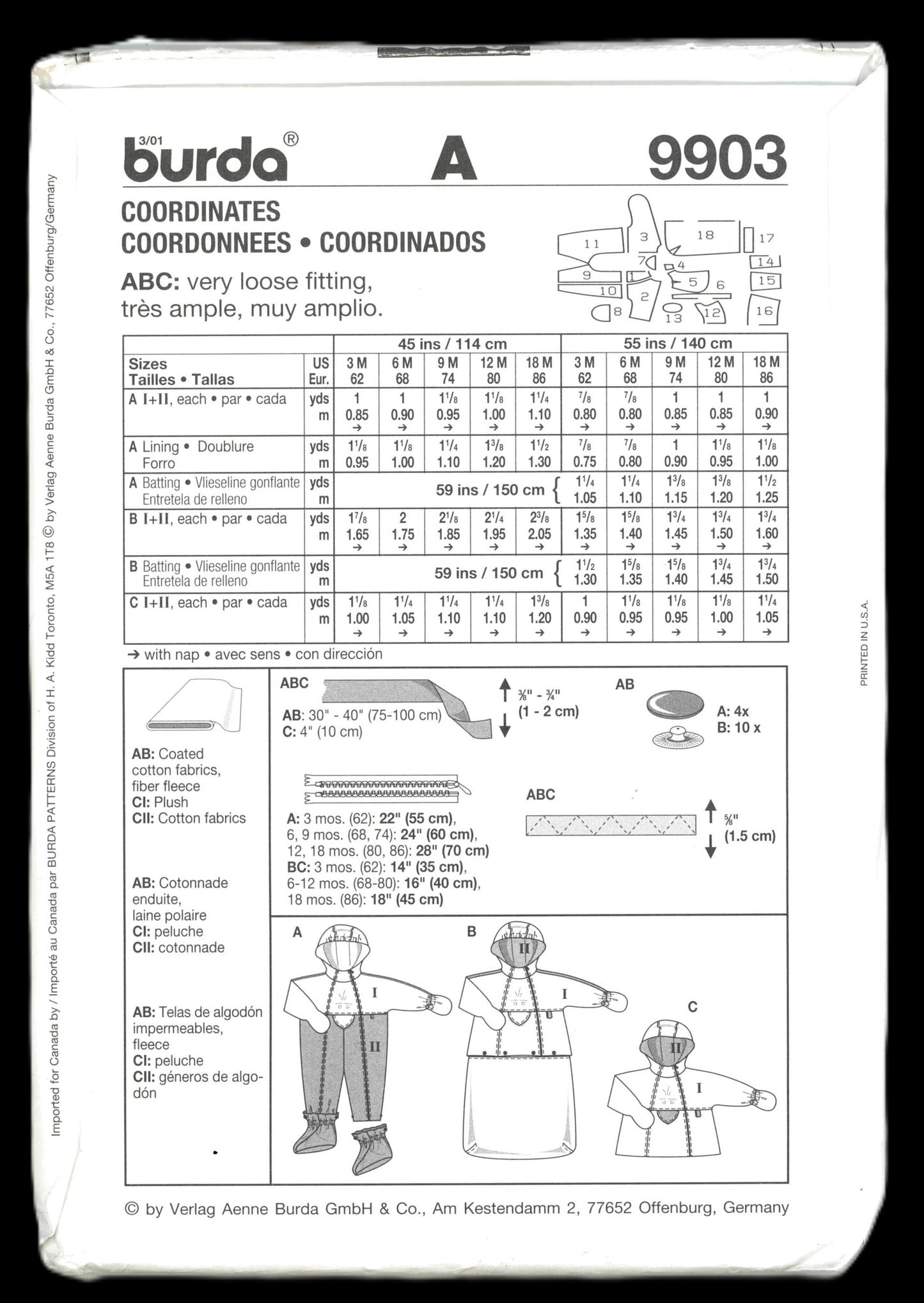 Burda 9903 Infants Bunting and Snowsuit  Sewing Pattern - UNCUT - Size 3M 6M 9M 12M 18M