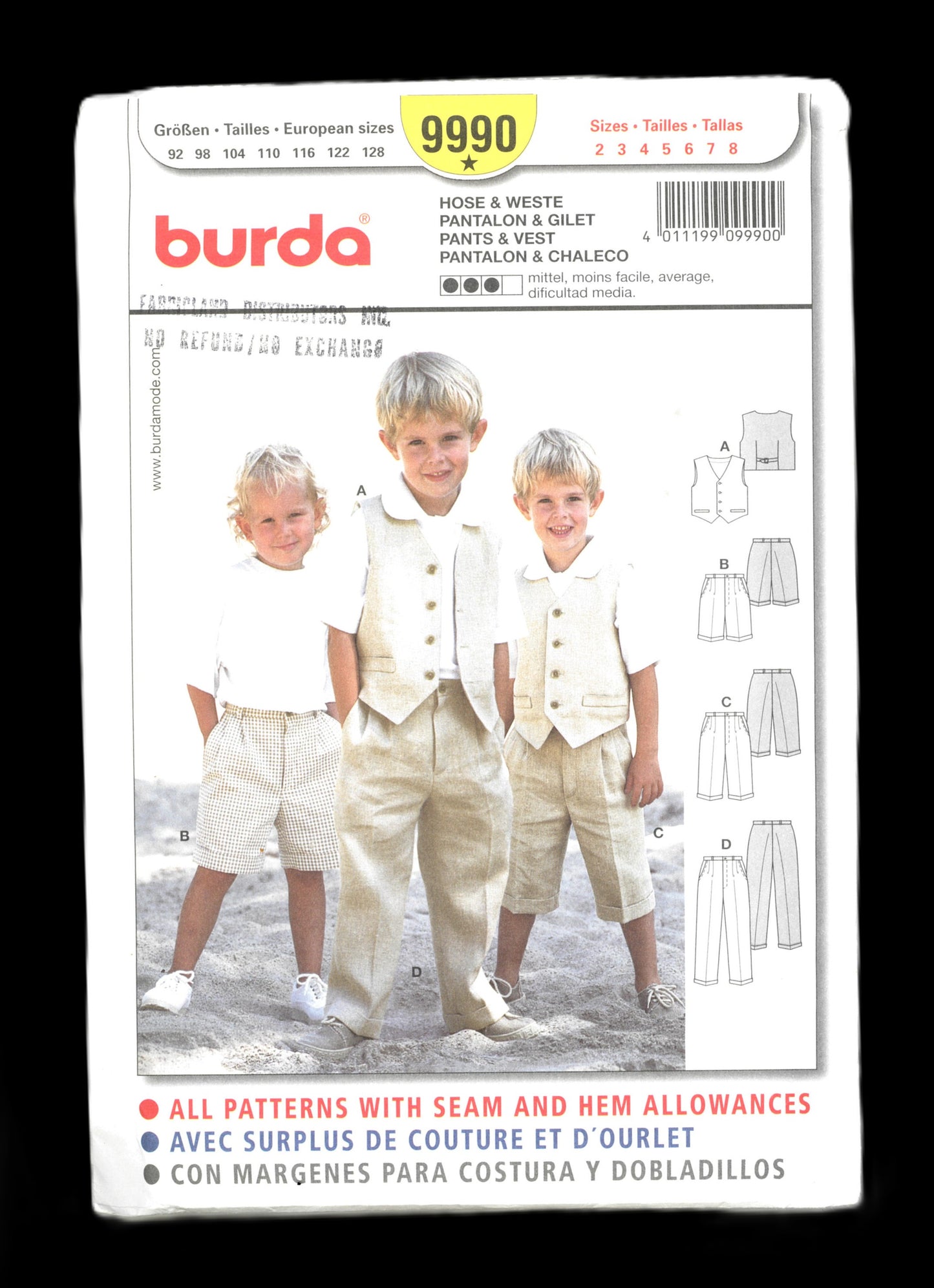 Burda 9990 Boys Vest and Pants or Shorts Sewing Pattern UNCUT Size 2 3 4 5 6 7 8