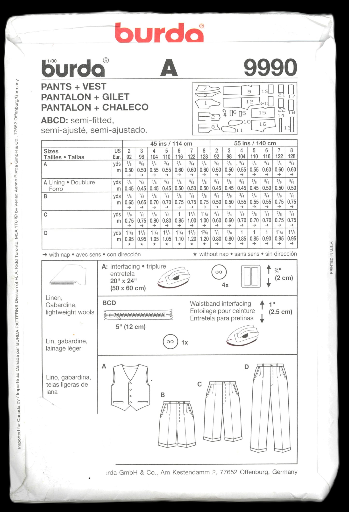 Burda 9990 Boys Vest and Pants or Shorts Sewing Pattern UNCUT Size 2 3 4 5 6 7 8
