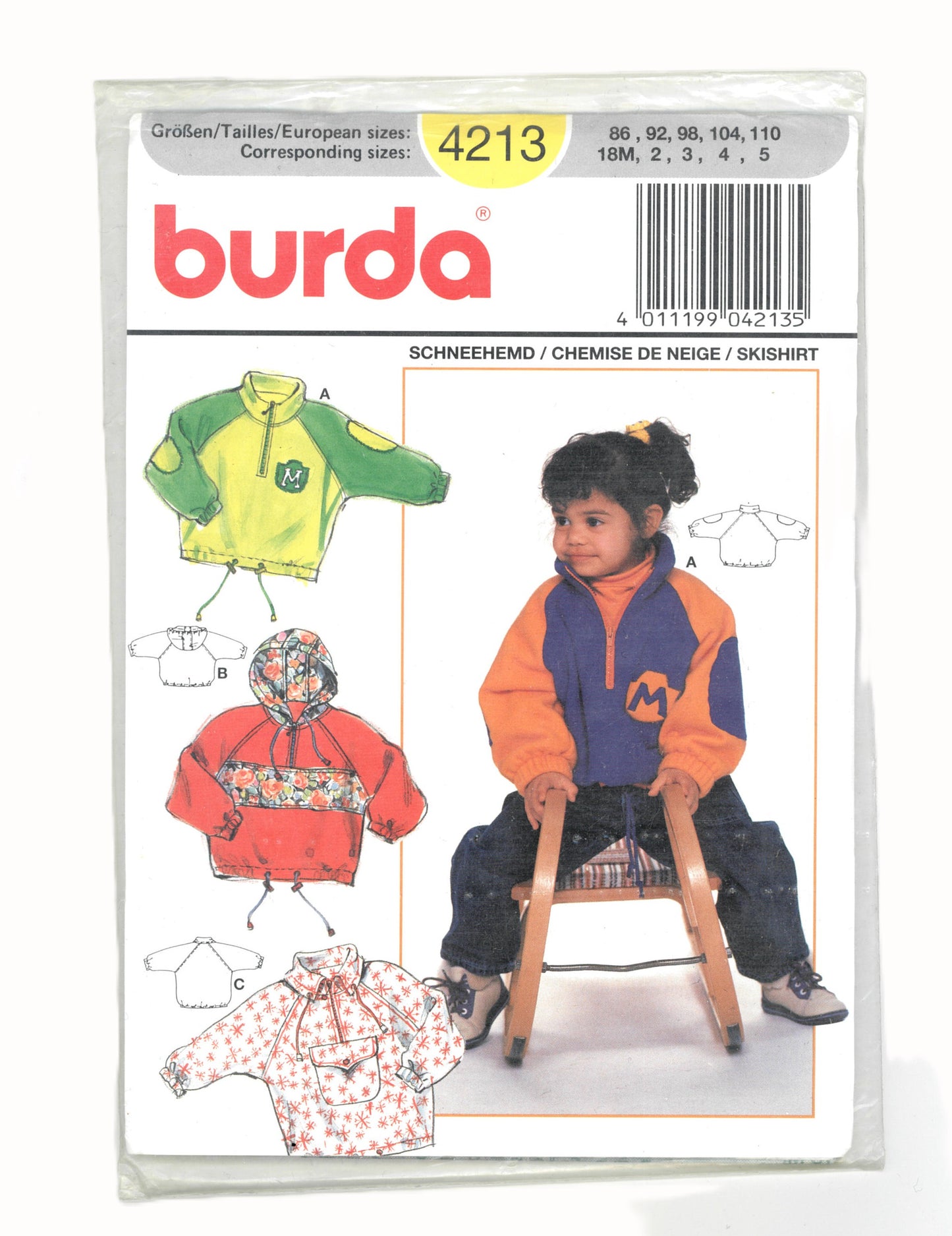 Burda 4213 Girls SkiShirt ( Sports Hoodie) Sewing Pattern - UNCUT Size 18M 2 3 4 5