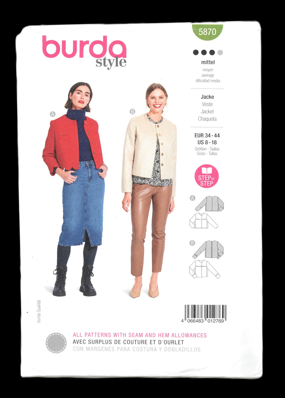 Burda 5870 Misses Jacket Sewing Pattern - UNCUT - Size 8 - 18