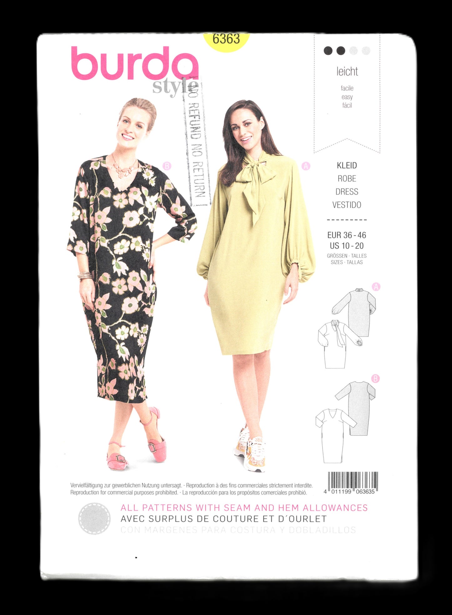 Burda 6363 Misses Dress Sewing Pattern - UNCUT - Size 10 - 20