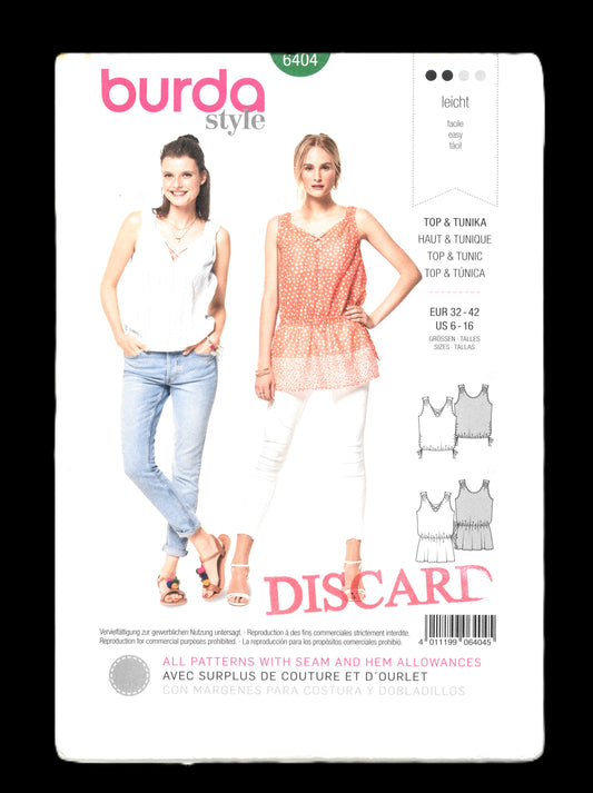 Burda 6404 Misses Top  and Tunic Sewing Pattern UNCUT Size 6 - 16