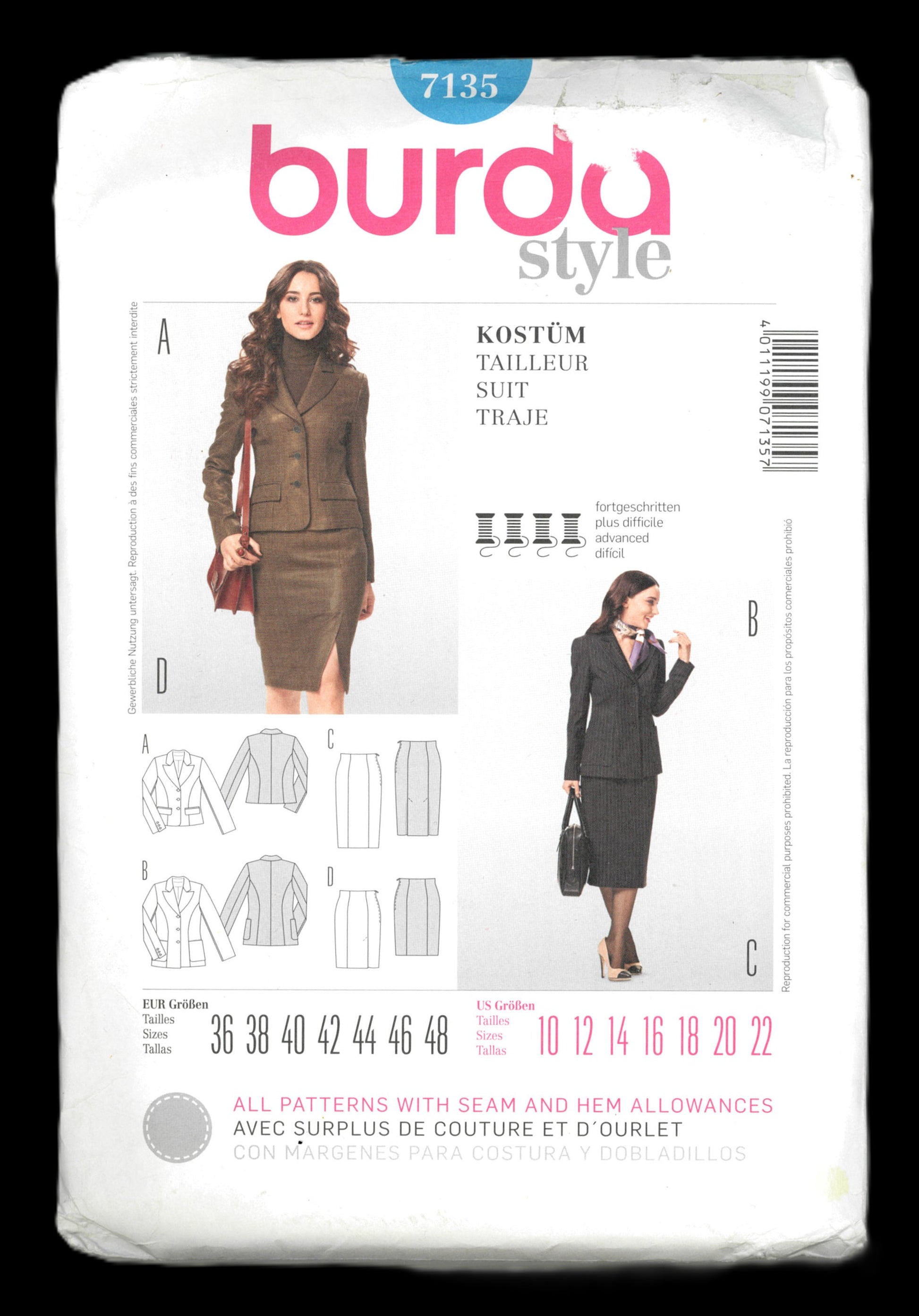 Burda 7135 Misses Suit - Jacket and Skirt Sewing Pattern - UNCUT - Size 10 12 14 16 18 20 22