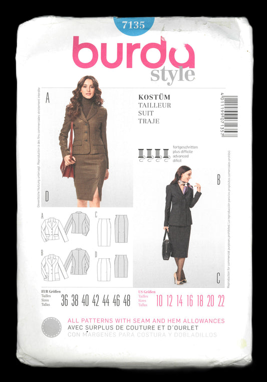 Burda 7135 Misses Suit - Jacket and Skirt Sewing Pattern - UNCUT - Size 10 12 14 16 18 20 22