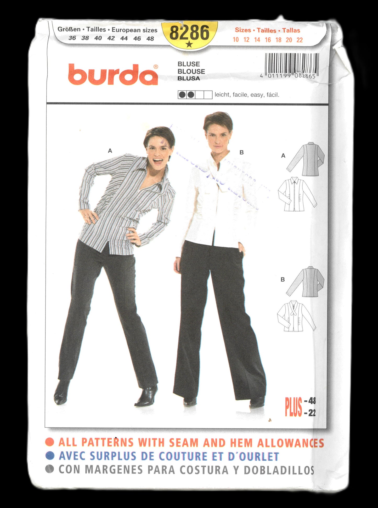 Burda 8286 Blouse Sewing Pattern - UNCUT - Size 10 12 14 16 18 20 22