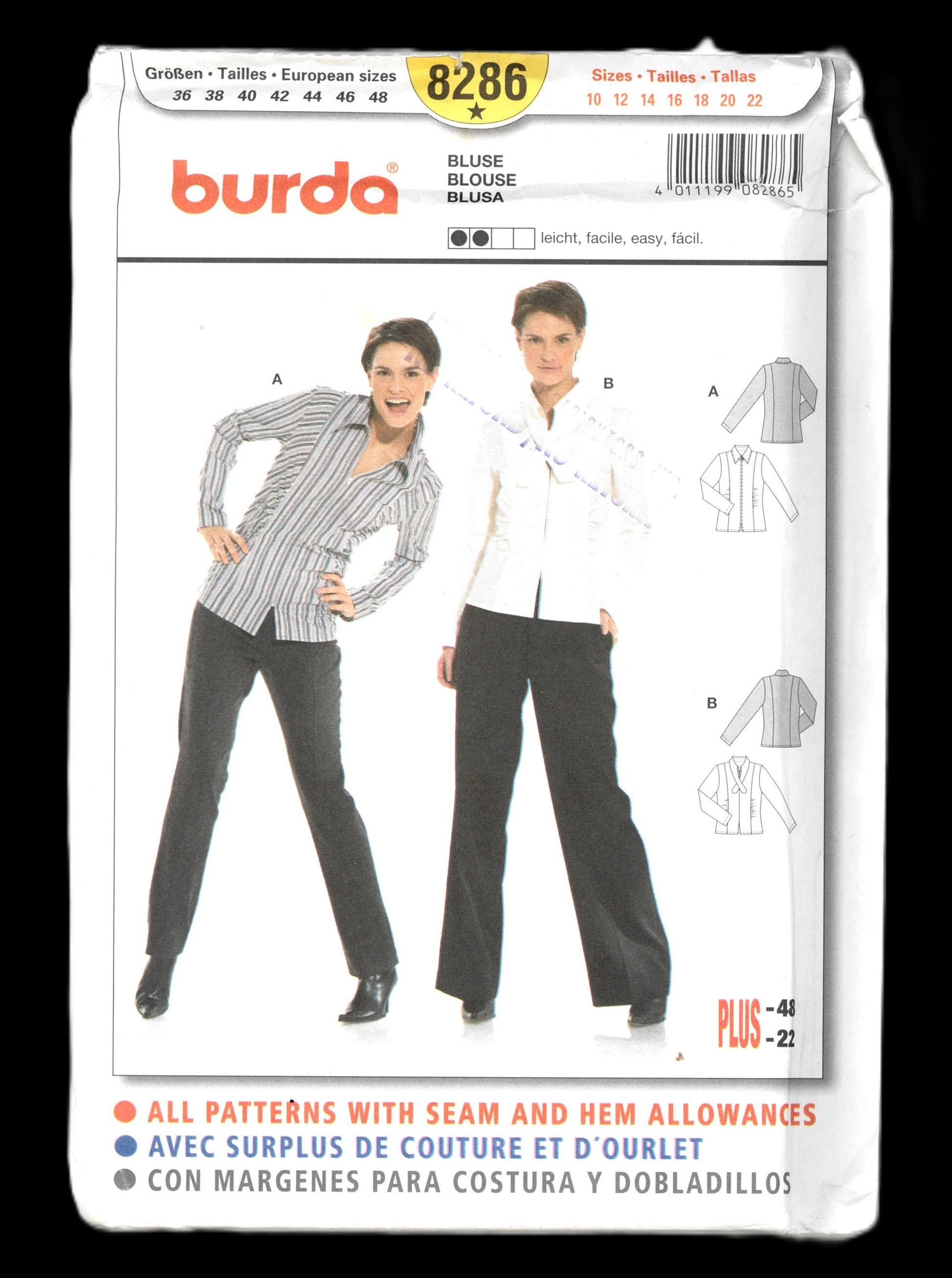 Burda 8286 Blouse Sewing Pattern - UNCUT - Size 10 12 14 16 18 20 22