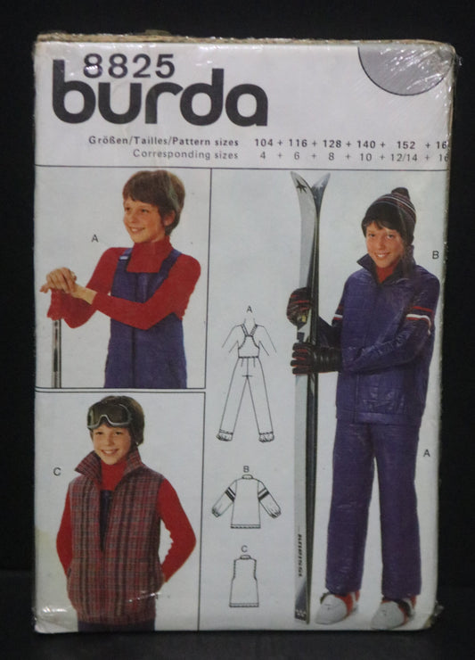 Burda 8825 Boys Ski Suit - Jacket, Vest and Ski Pants Sewing Pattern Sewing Pattern - UNCUT Size 4 6 8 10 12/14 16