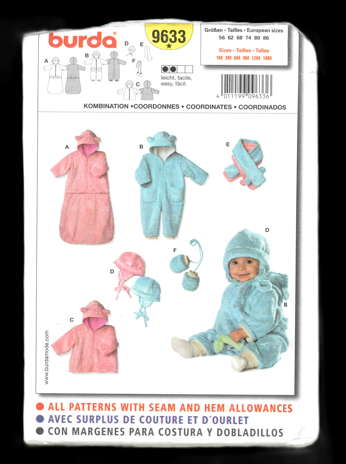 Burda 9633 Infants Bunting and Snowsuit Jacket Hat Scarf and Mitts Sewing Pattern UNCUT - Size 1M 3M 6M 9M 12M 18M