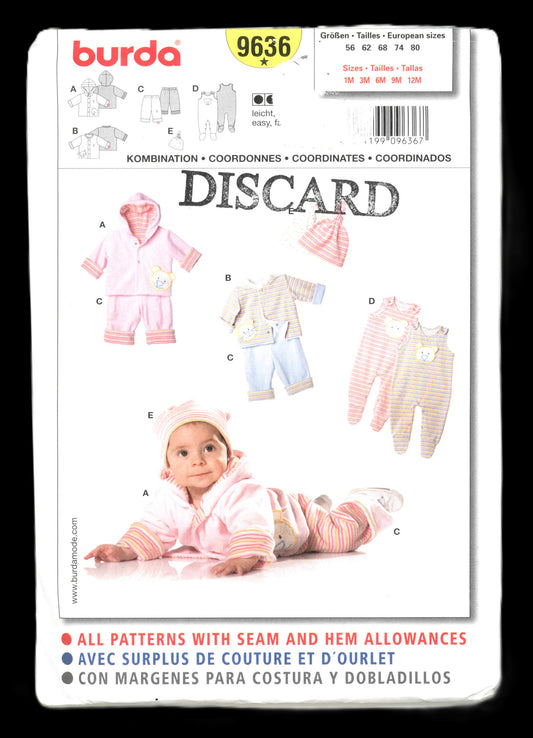 Burda 9636 Infants Boys Girls Jacket Pants Coverall Sewing Pattern - UNCUT - Size 1M 3M 6M 9M 12M