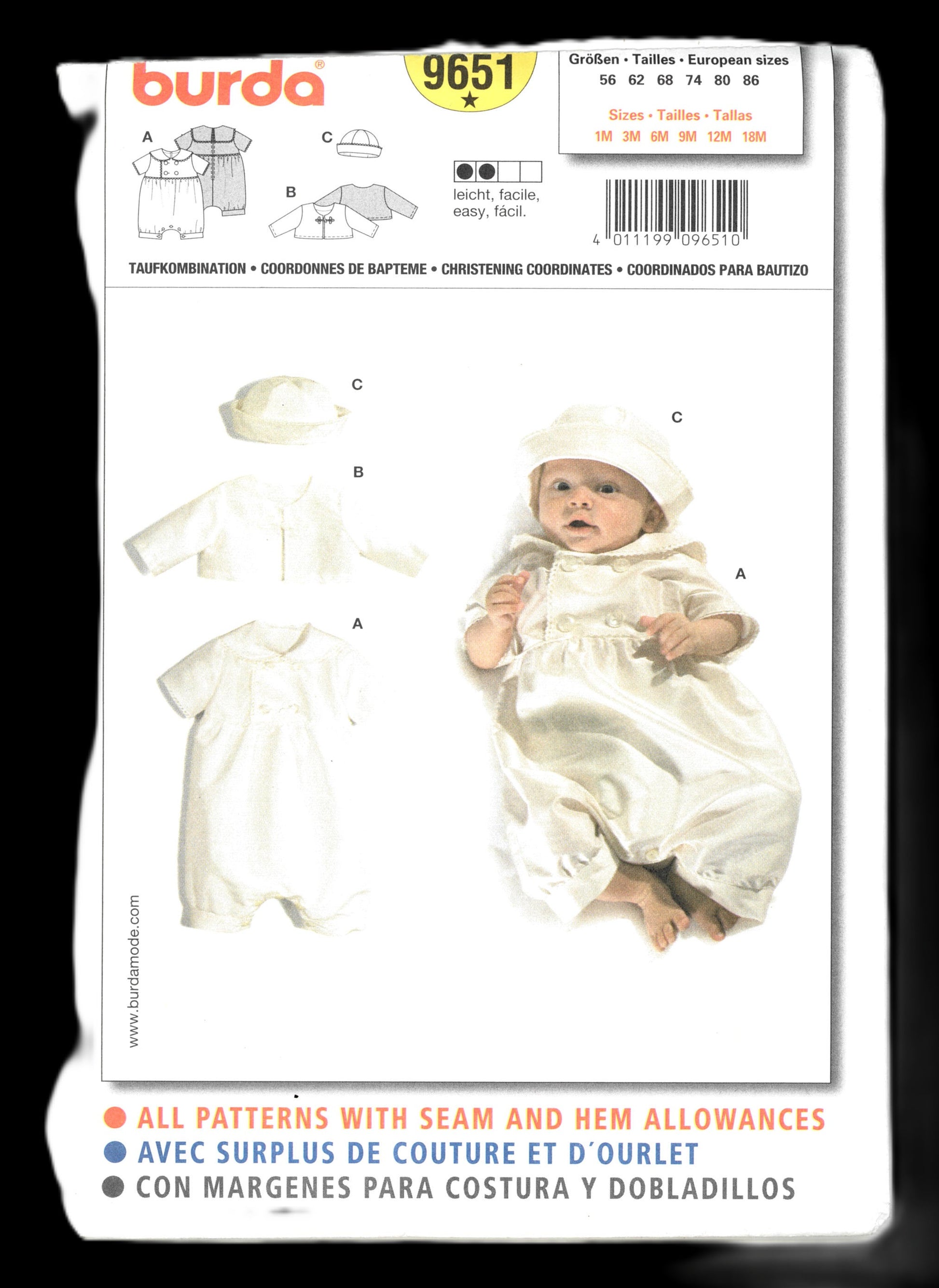 Burda 9651 Infants Christening Coordinates Sewing Pattern UNCUT Size 1M 3M 6M 9M 12M 18M