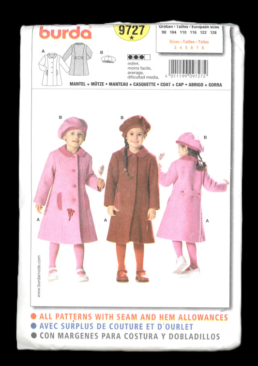 Burda 9727 Girls Coat Pattern Sewing Pattern - UNCUT Size 3 4 5 6 7 8