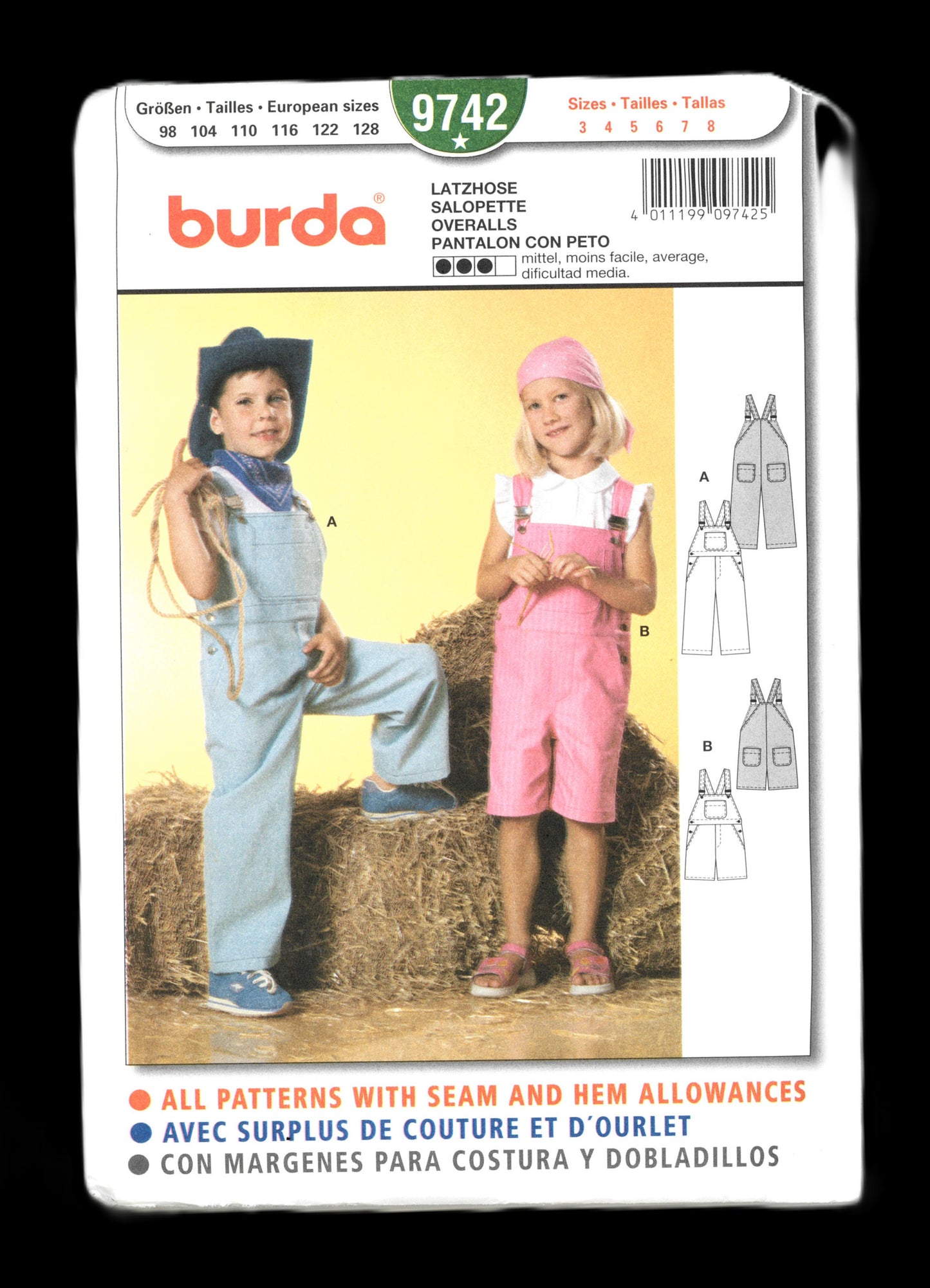 Burda 9742 Boys Girls Overalls and Shortalls Sewing Pattern - UNCUT Size 3 4 5 6 7 8