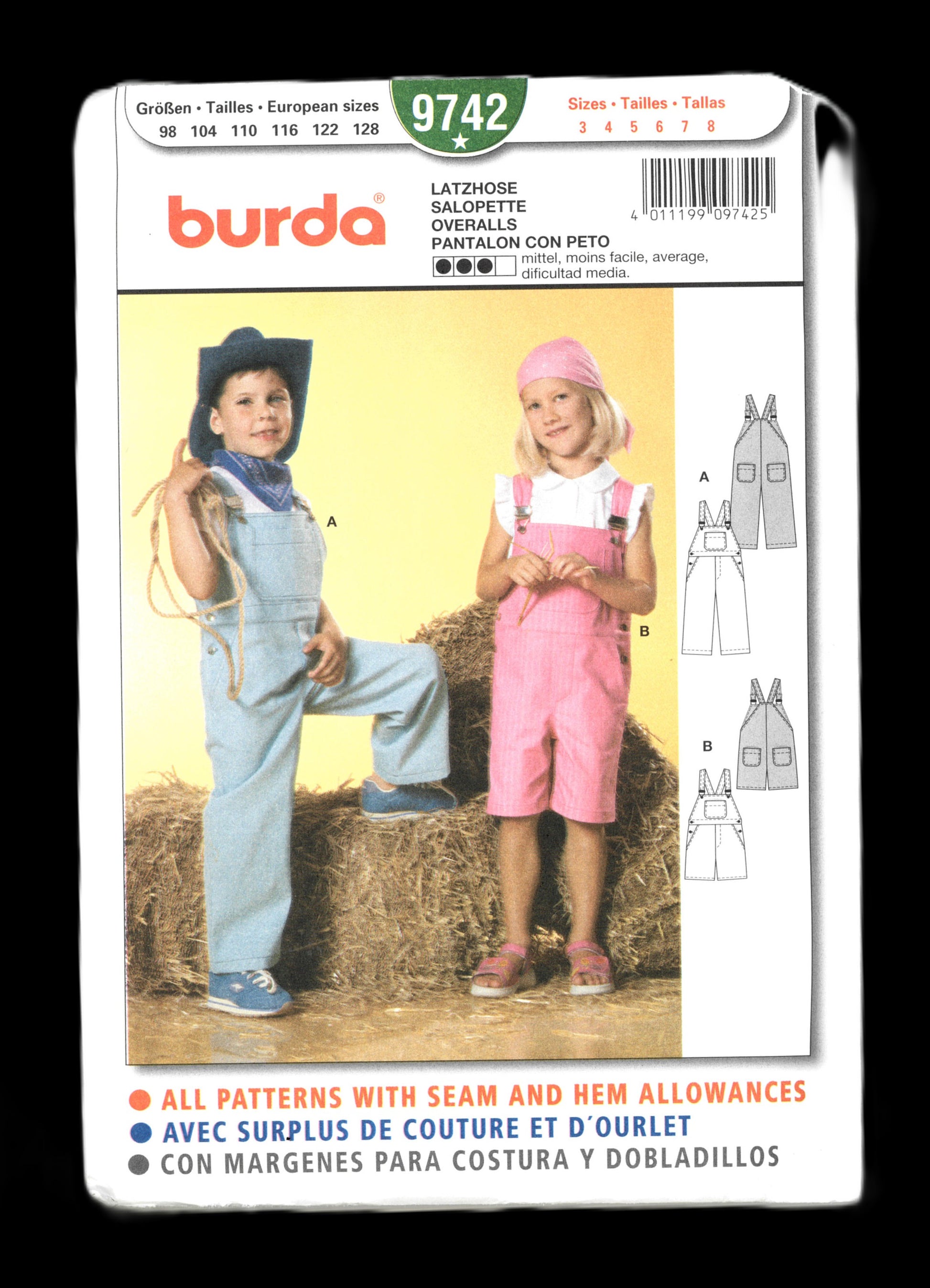 Burda 9742 Boys Girls Overalls and Shortalls Sewing Pattern - UNCUT Size 3 4 5 6 7 8