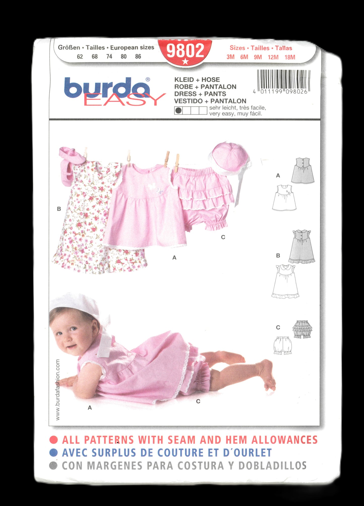 Burda 9802 Infants Girls Dress Top Panties and Hat Sewing Pattern - UNCUT - Size 3M 6M 9M 12M 18M
