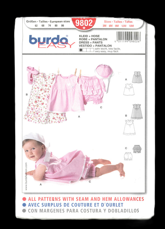 Burda 9802 Infants Girls Dress Top Panties and Hat Sewing Pattern - UNCUT - Size 3M 6M 9M 12M 18M