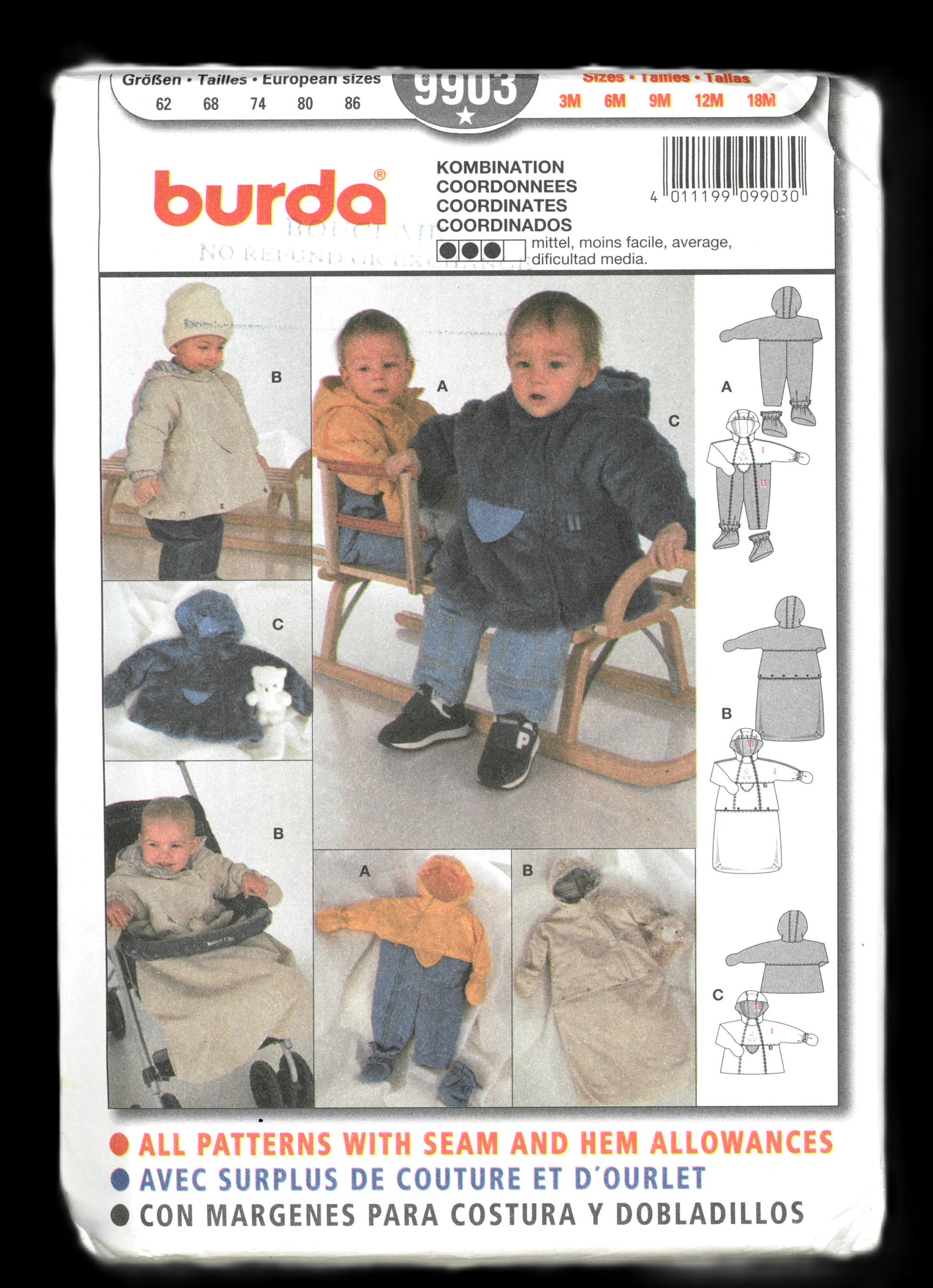 Burda 9903 Infants Bunting and Snowsuit  Sewing Pattern - UNCUT - Size 3M 6M 9M 12M 18M