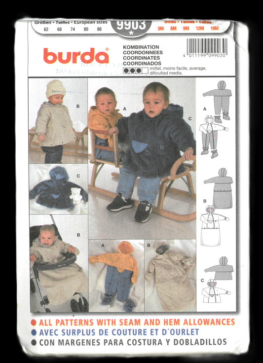 Burda 9903 Infants Bunting and Snowsuit  Sewing Pattern - UNCUT - Size 3M 6M 9M 12M 18M