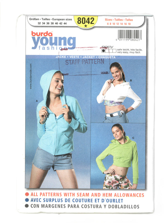 Burda Young 8042 Jacket Sewing Pattern - UNCUT - Size 6 8 10 12 14 18