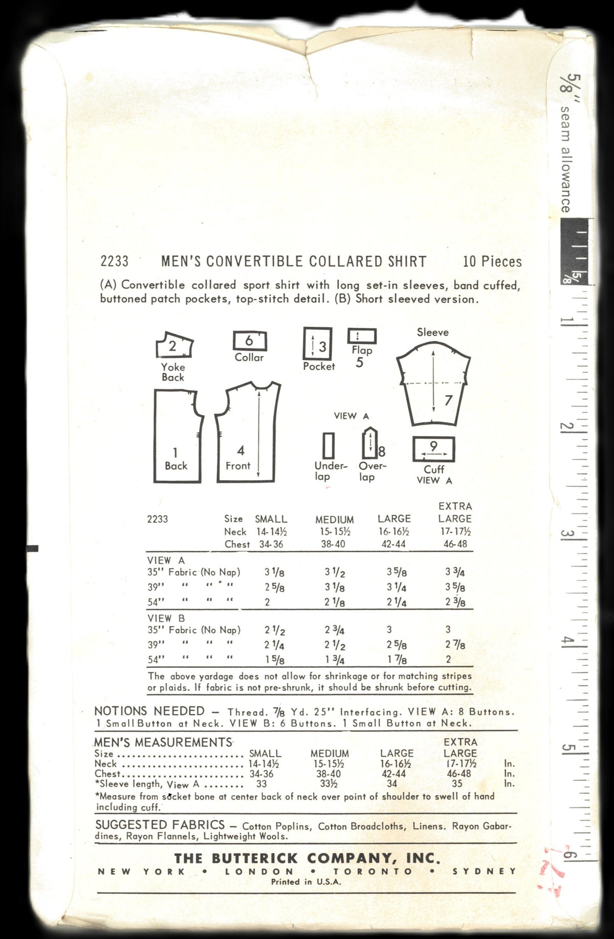 Butterick 2233 Mens Convertible Collared Shirt Sewing Pattern UNCUT - Size 14 1/2