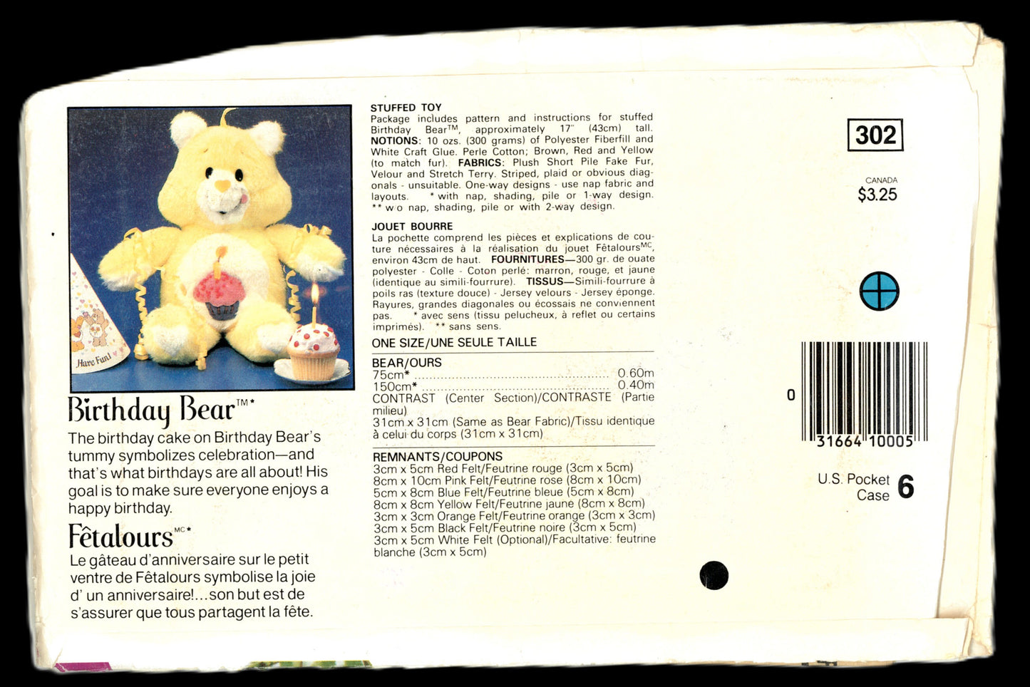 Butterick 302 Care Bear Birthday Bear Stuffed Toy Sewing Pattern UNCUT