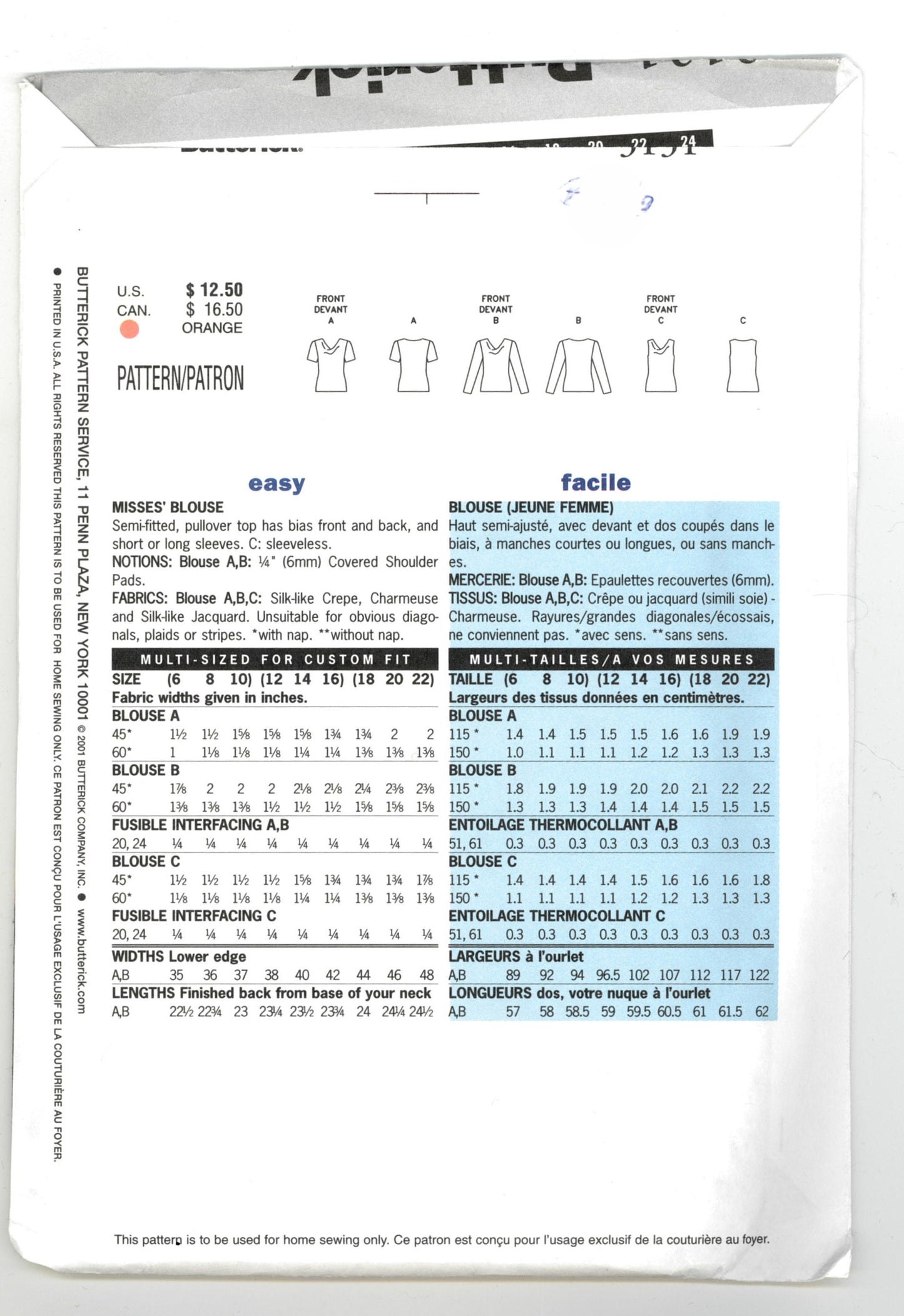 Butterick 3131 Misses Top Sewing Pattern UNCUT  Size 6 8 10