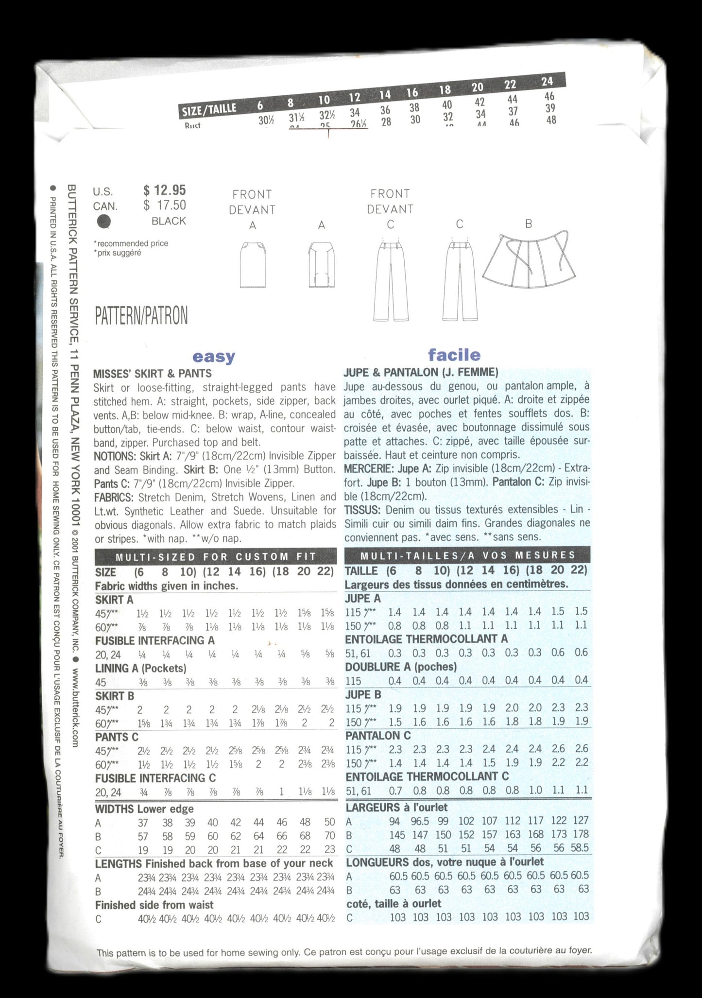 Butterick 3132 French Connection Misses Skirt and Pants Sewing Pattern - UNCUT - Size 6 8 10