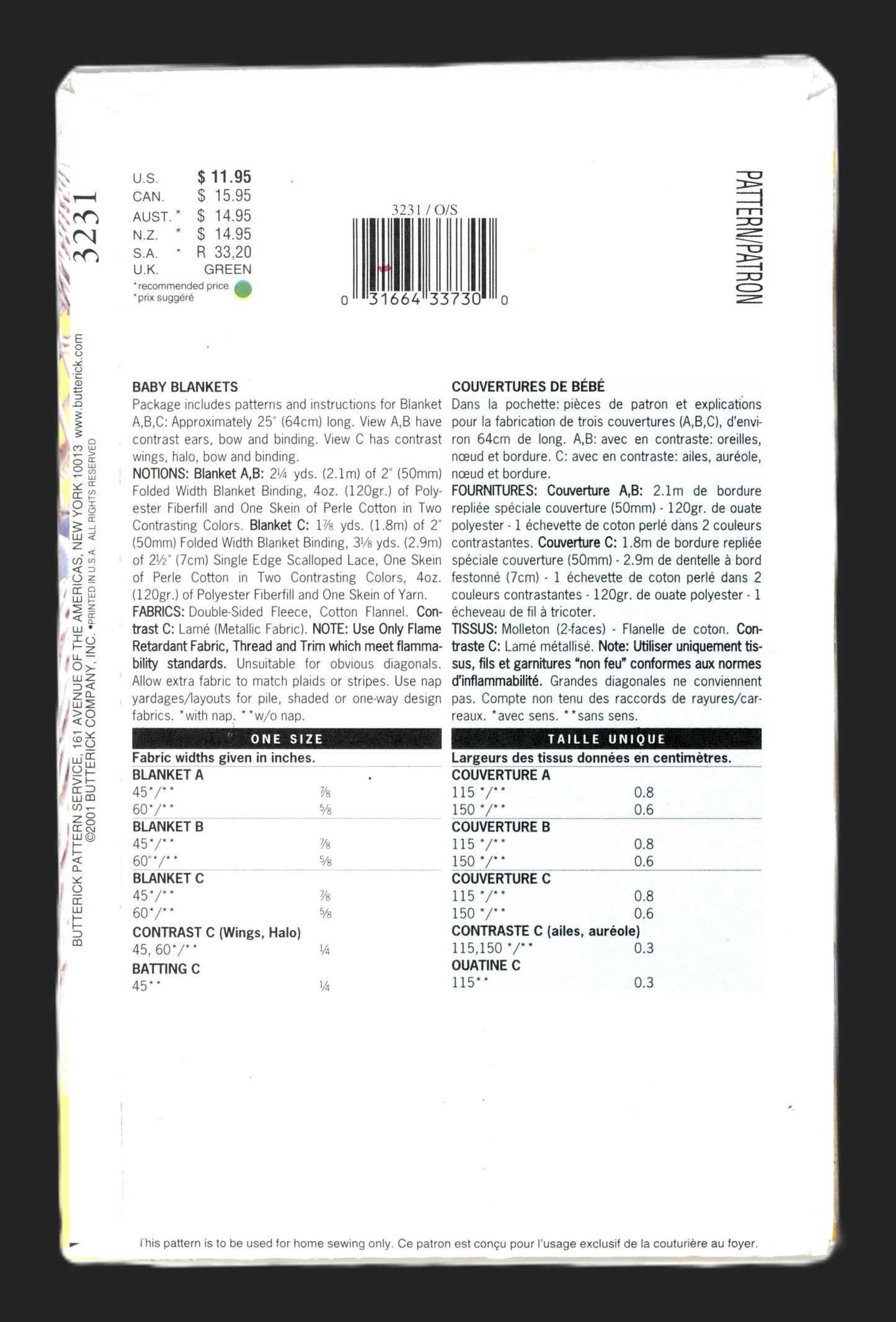 Butterick 3231 Baby Blankets Sewing Pattern - UNCUT - Security Blanket Pattern