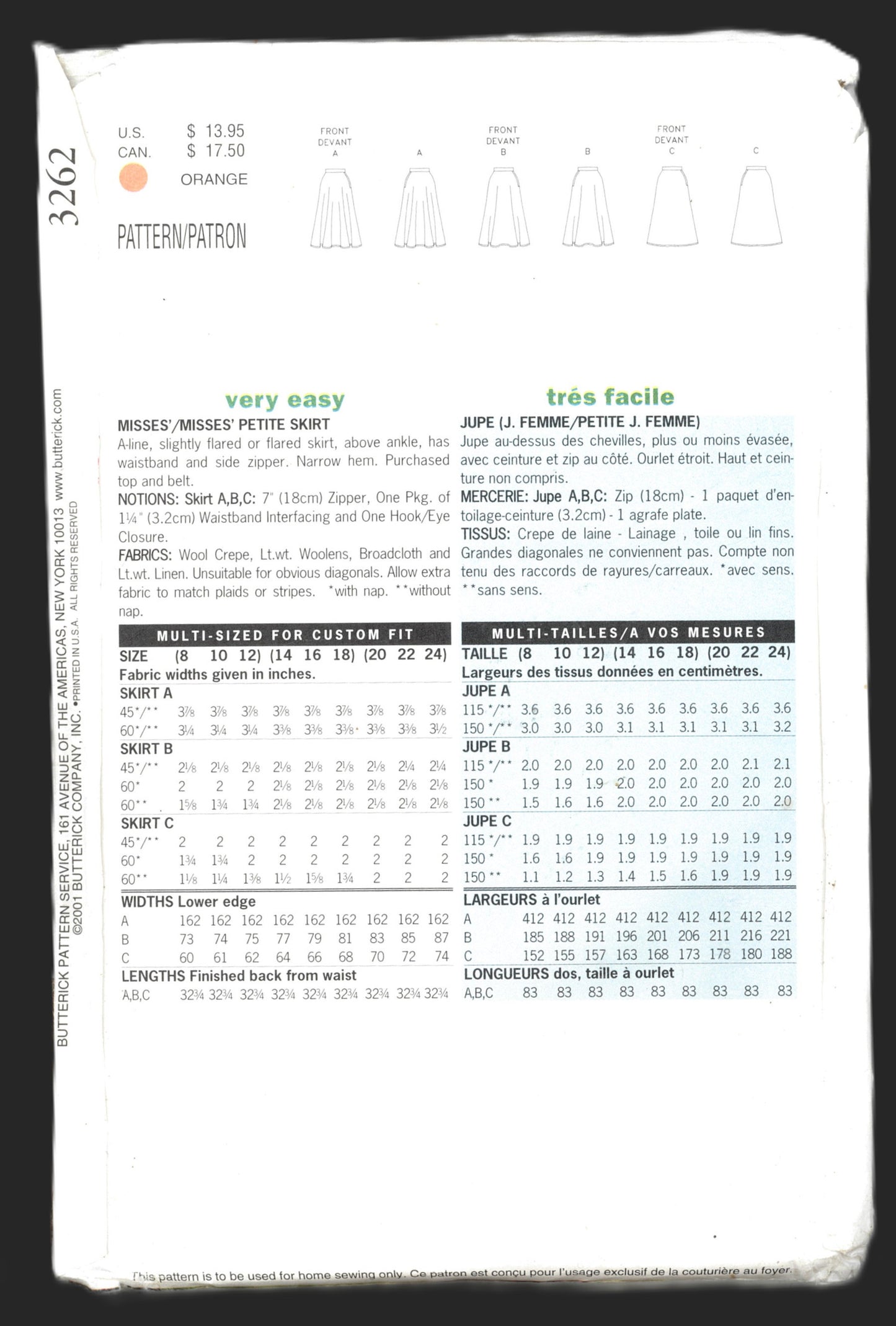 Butterick 3262 Misses / Misses Petite Skirt Sewing Pattern - UNCUT - Size 20 22 24