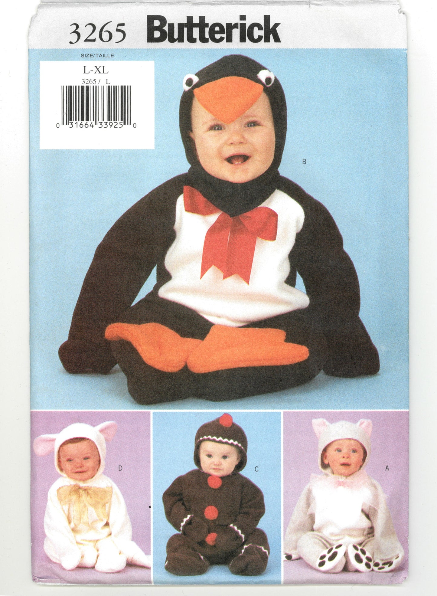 Butterick 3265 Infants Penguin, Cat, Gingerbreadman and Lamb Sewing Pattern - UNCUT - Size L - XL