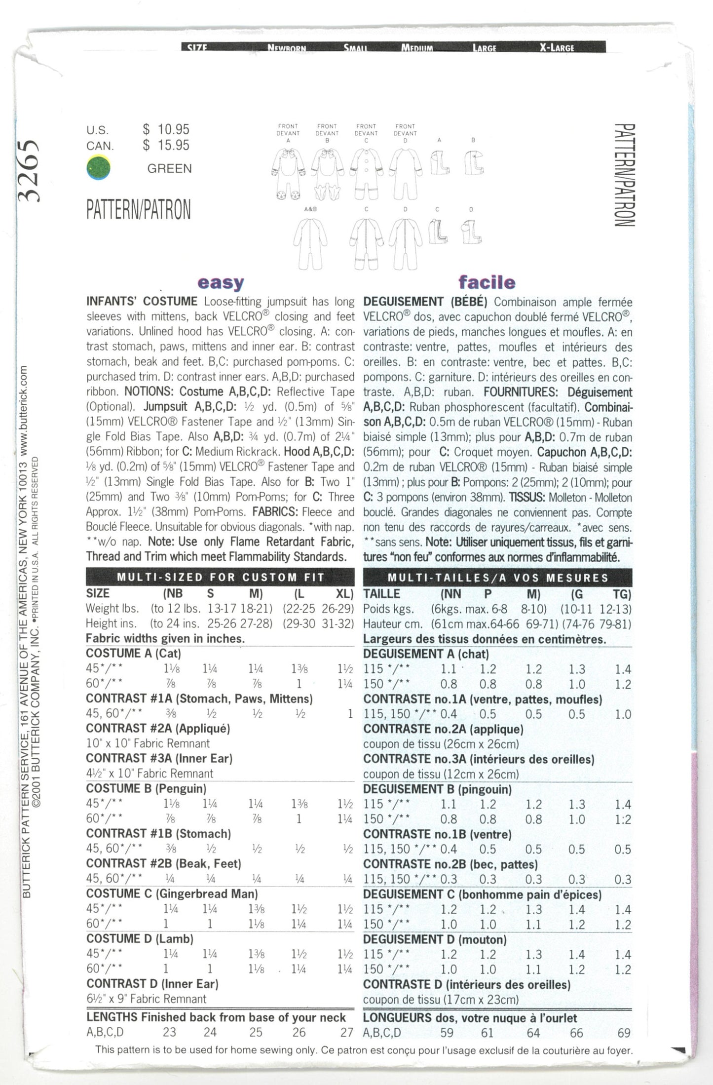 Butterick 3265 Infants Penguin, Cat, Gingerbreadman and Lamb Sewing Pattern - UNCUT - Size L - XL