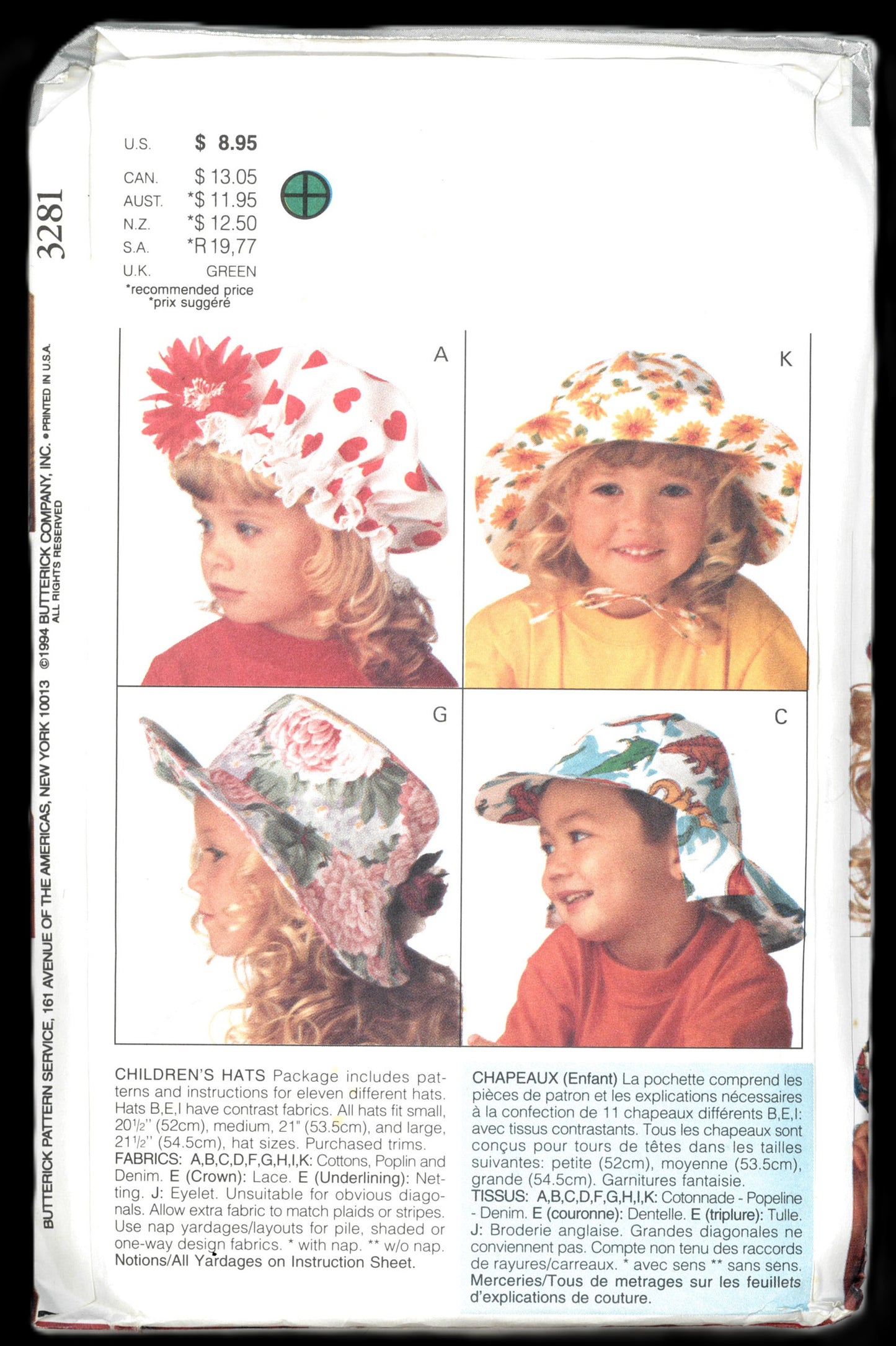Butterick 3281 Childrens Hats Sewing Pattern - UNCUT - Hat Size S M L