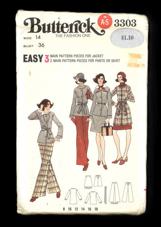 70s Butterick 3303 Misses Jacket Skirt and Pants Sewing Pattern UNCUT  Size 14 Bust 36