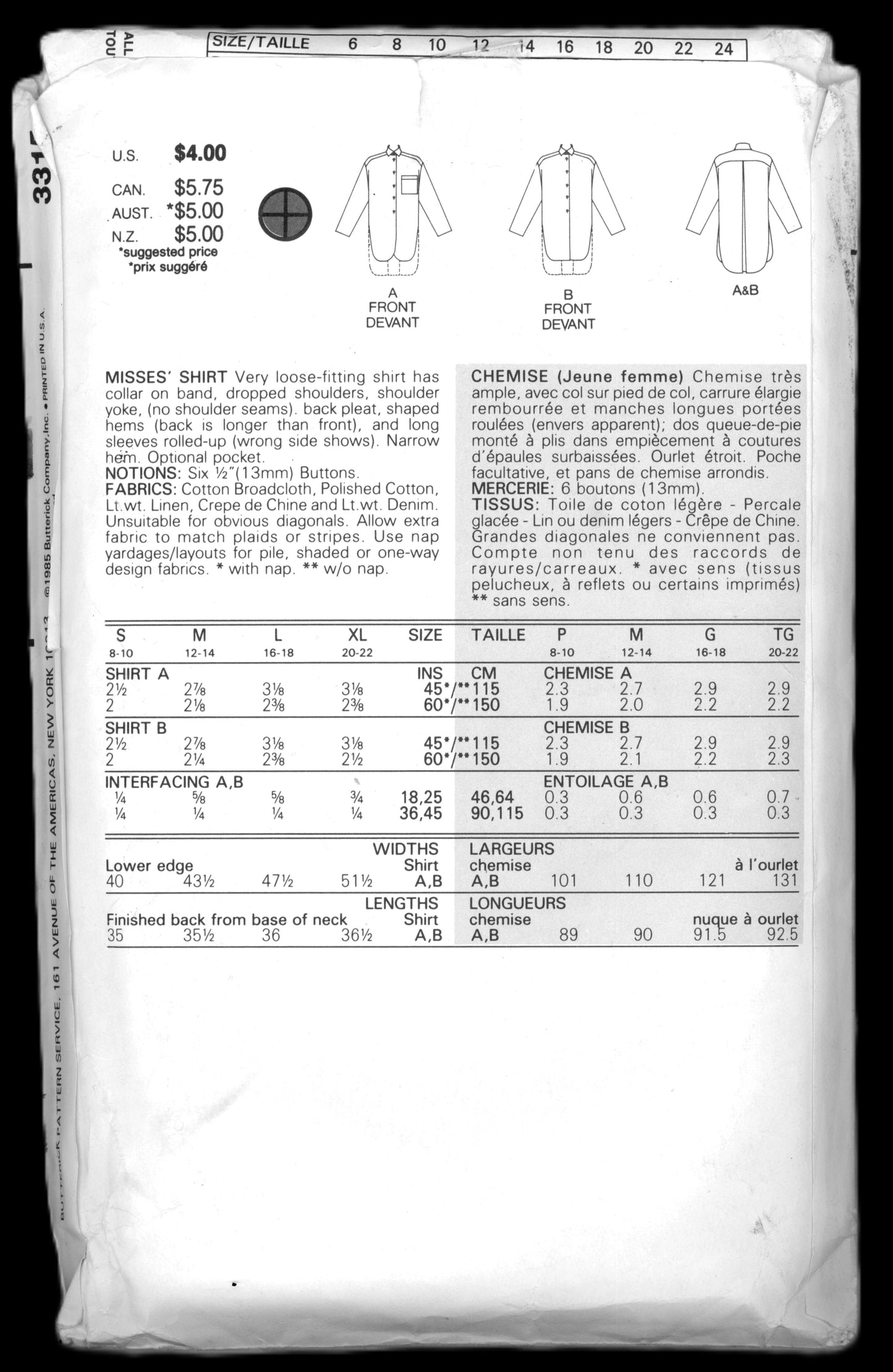 Butterick 3315 Misses Shirt Sewing Pattern UNCUT - Size S M L XL