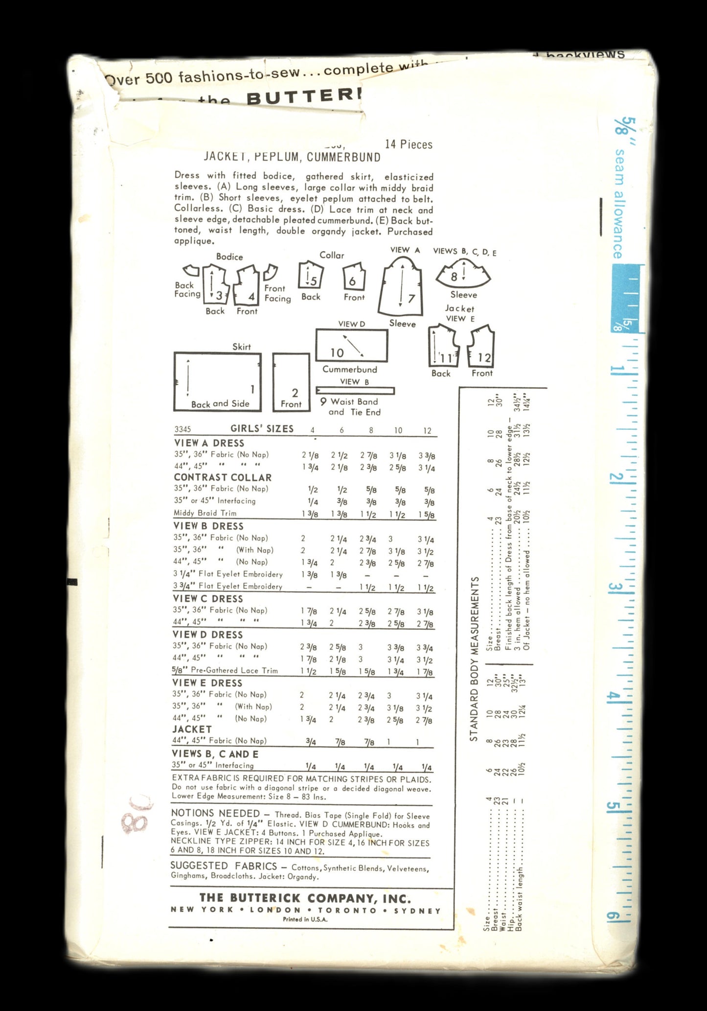 60s Butterick 3345 Girls  Bonus Basic Dress Jacket Peplum cummerbund Sewing Pattern - UNCUT Size 8  Breast 26